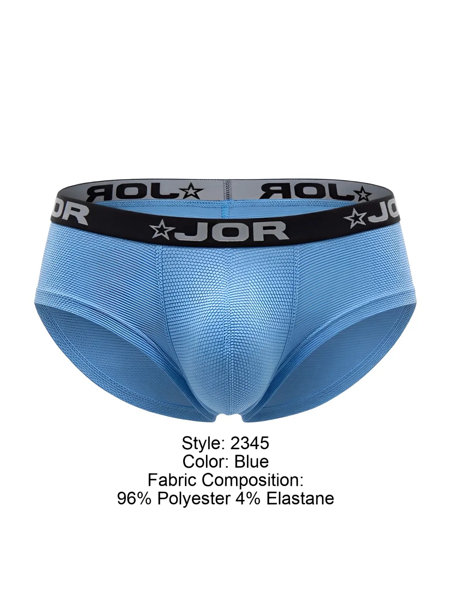 Light blue Jor 2345 Cannes trunks with black elastic waistband featuring star motifs and jor logo