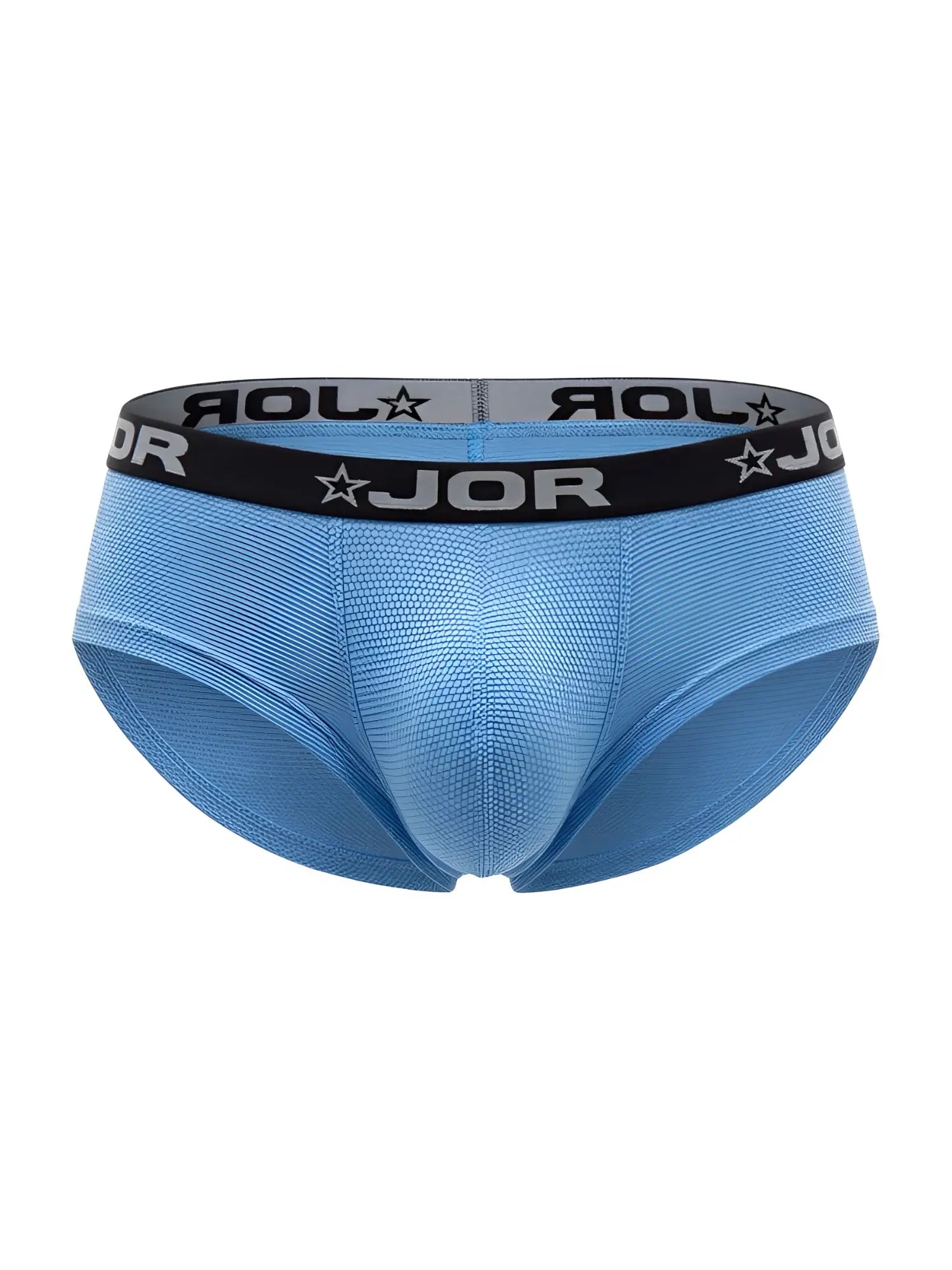 Light blue Jor 2345 Cannes trunks men’s briefs with black waistband featuring brand name and star logo