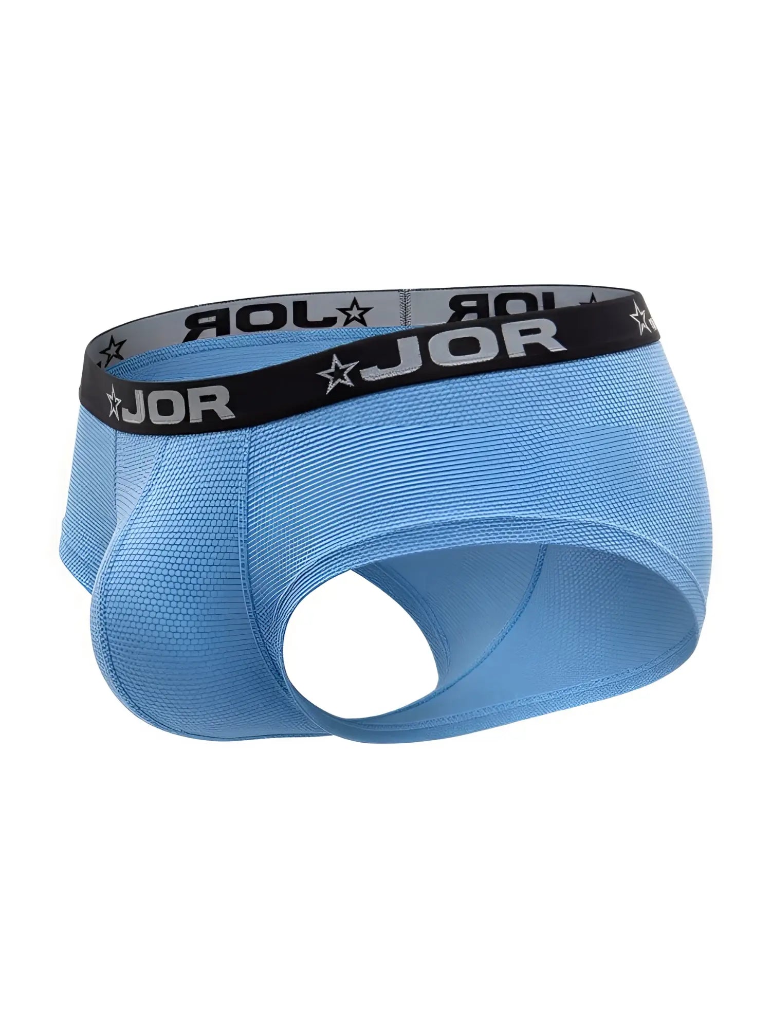 Light blue jor 2345 cannes trunks men’s briefs with black waistband featuring brand name and star logos