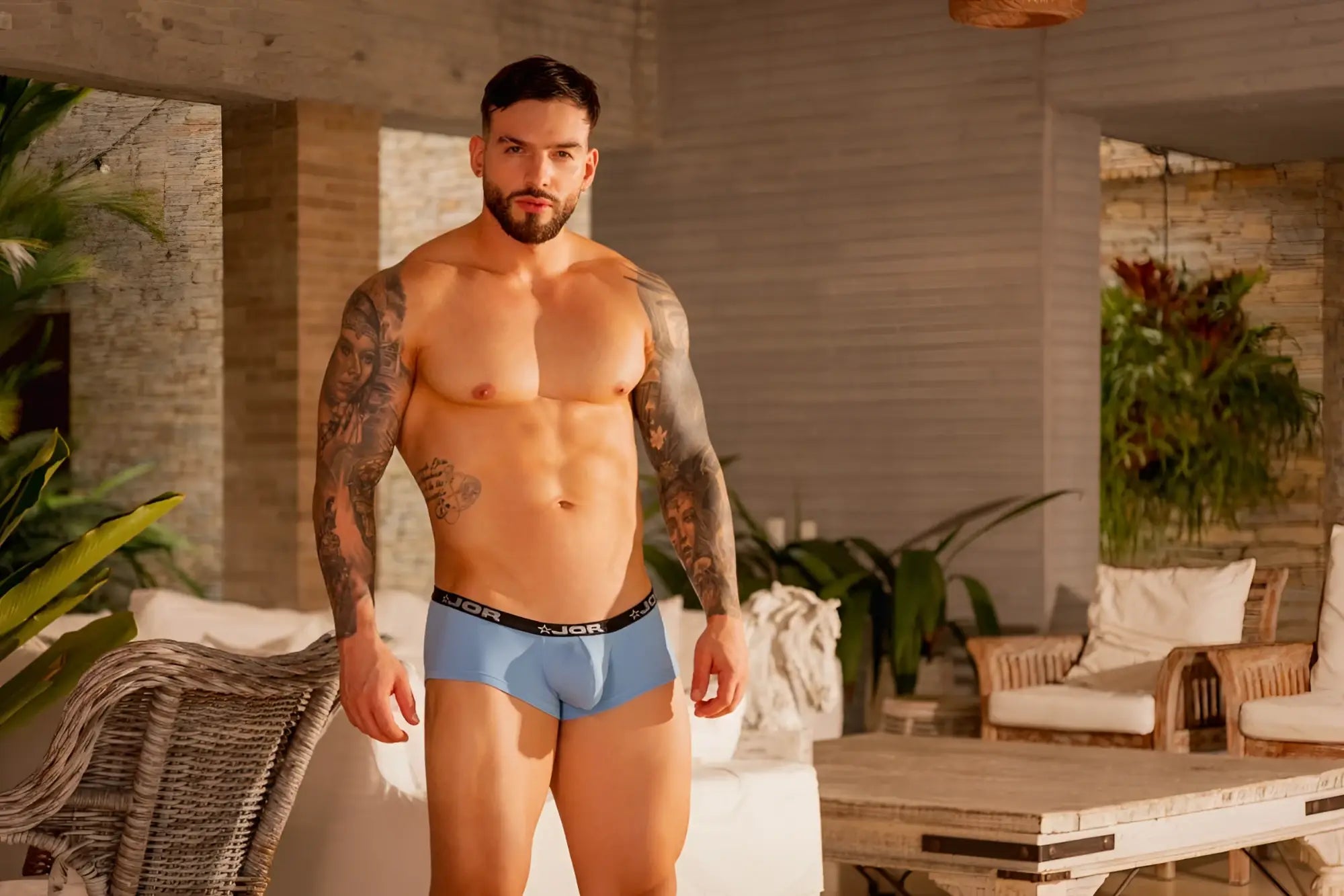 Light blue JOR 2345 Cannes men’s briefs with black elastic waistband featuring the JOR brand logo