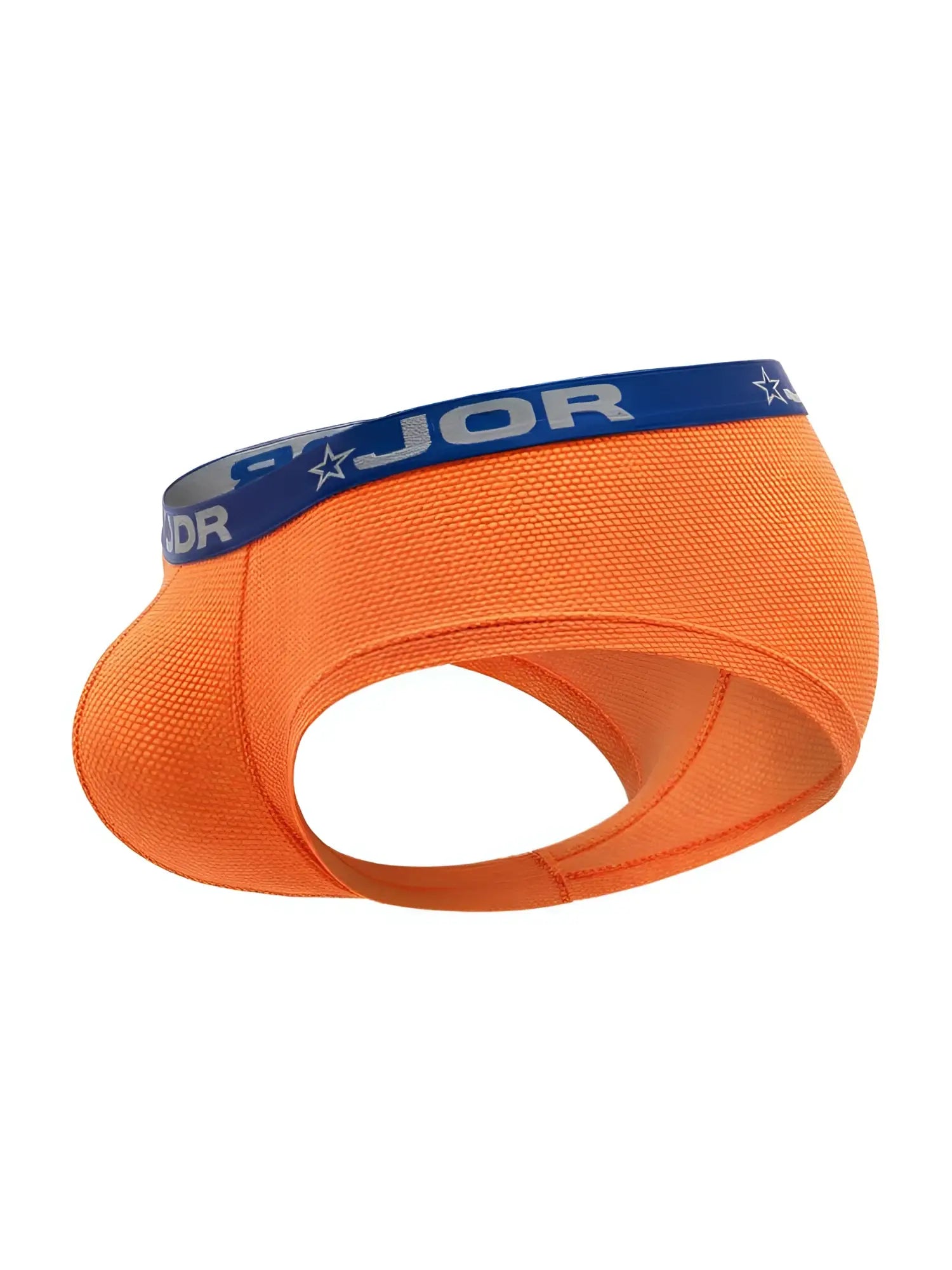 Jor 2345 cannes trunks bright orange athletic briefs with blue elastic waistband featuring jor brand name and stars
