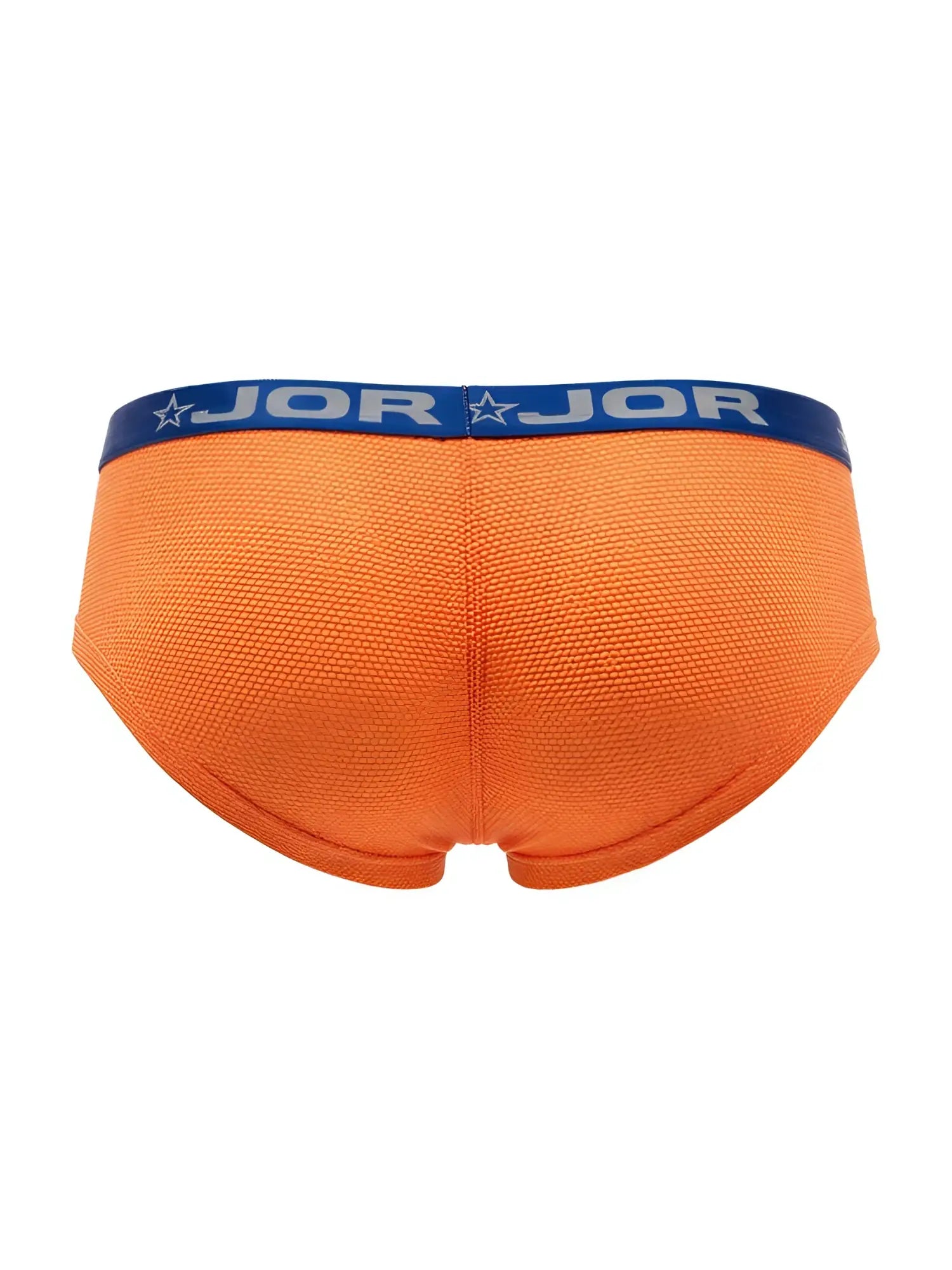 Bright orange jor 2345 Cannes trunks with textured fabric and blue waistband featuring the jor logo