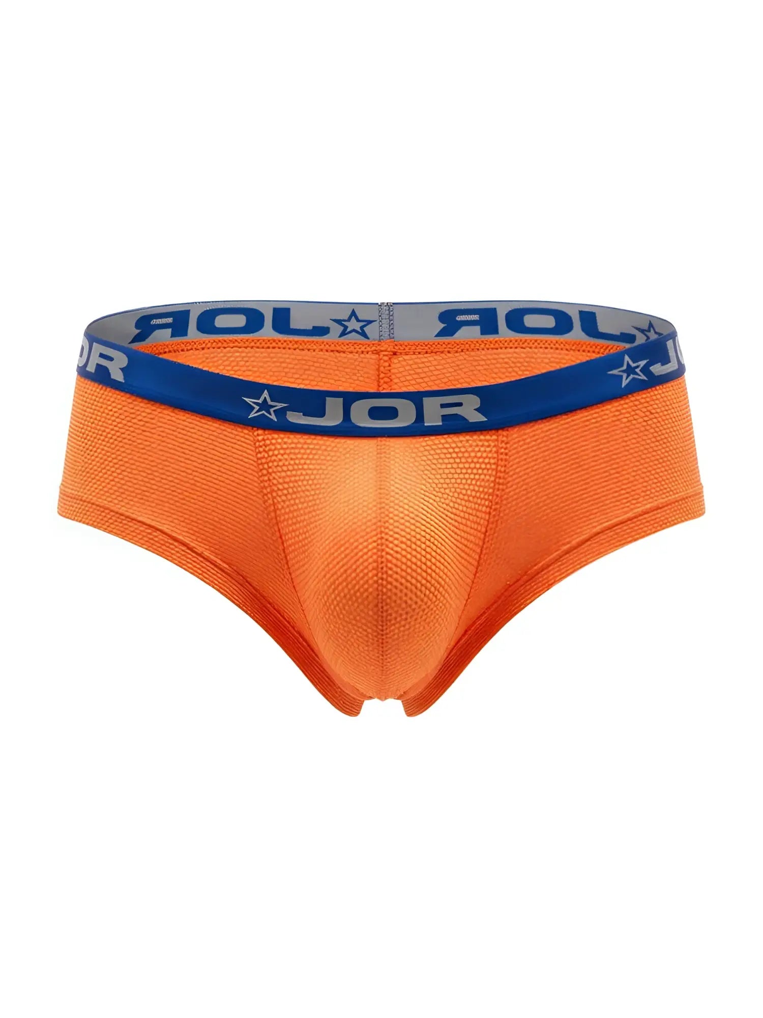 Bright orange jor 2345 cannes men’s briefs with blue gray elastic waistband featuring brand logo and star design