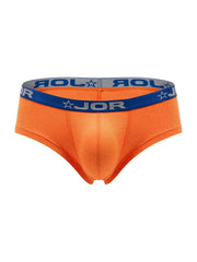 Bright orange jor 2345 cannes men’s briefs with blue gray elastic waistband featuring brand logo and star design