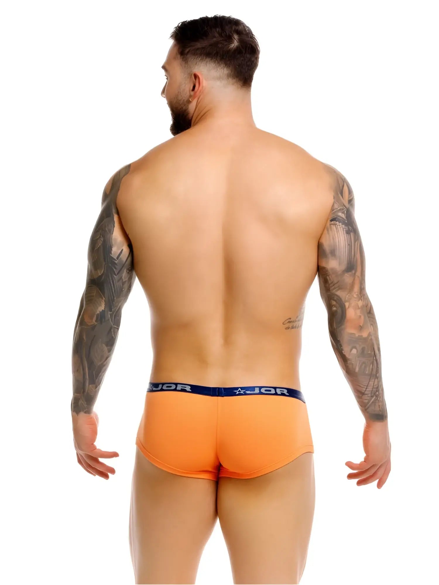Bright orange jor 2345 cannes trunks briefs with navy blue waistband featuring jor logo and star emblem