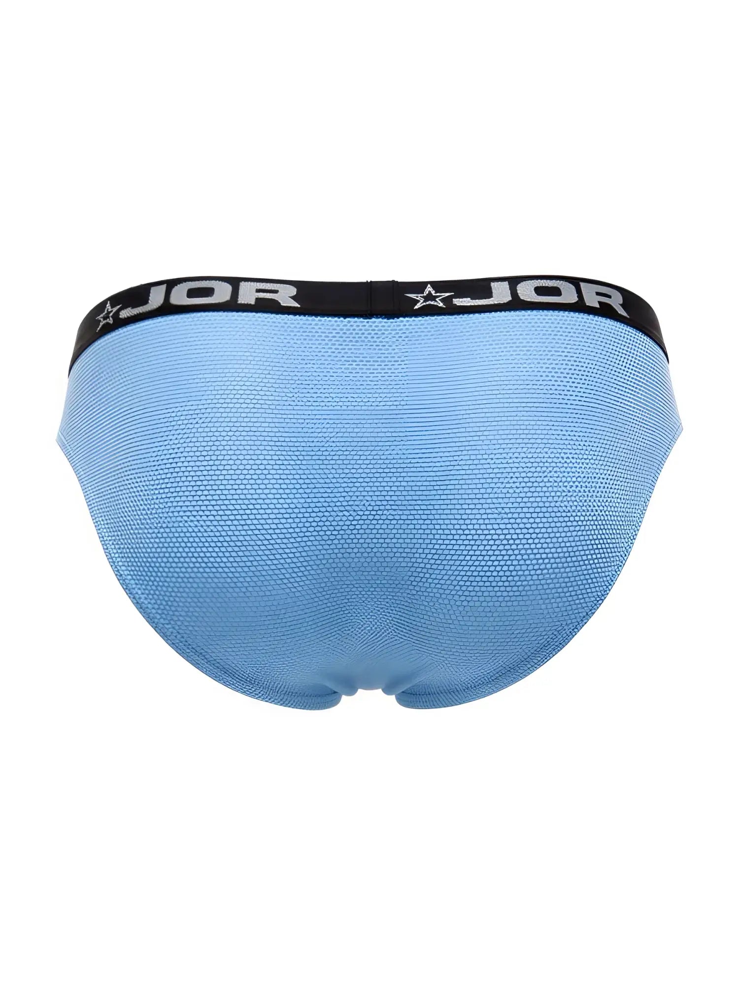 Light blue jor 2346 cannes bikini briefs with black elastic waistband featuring jor logo and star emblem