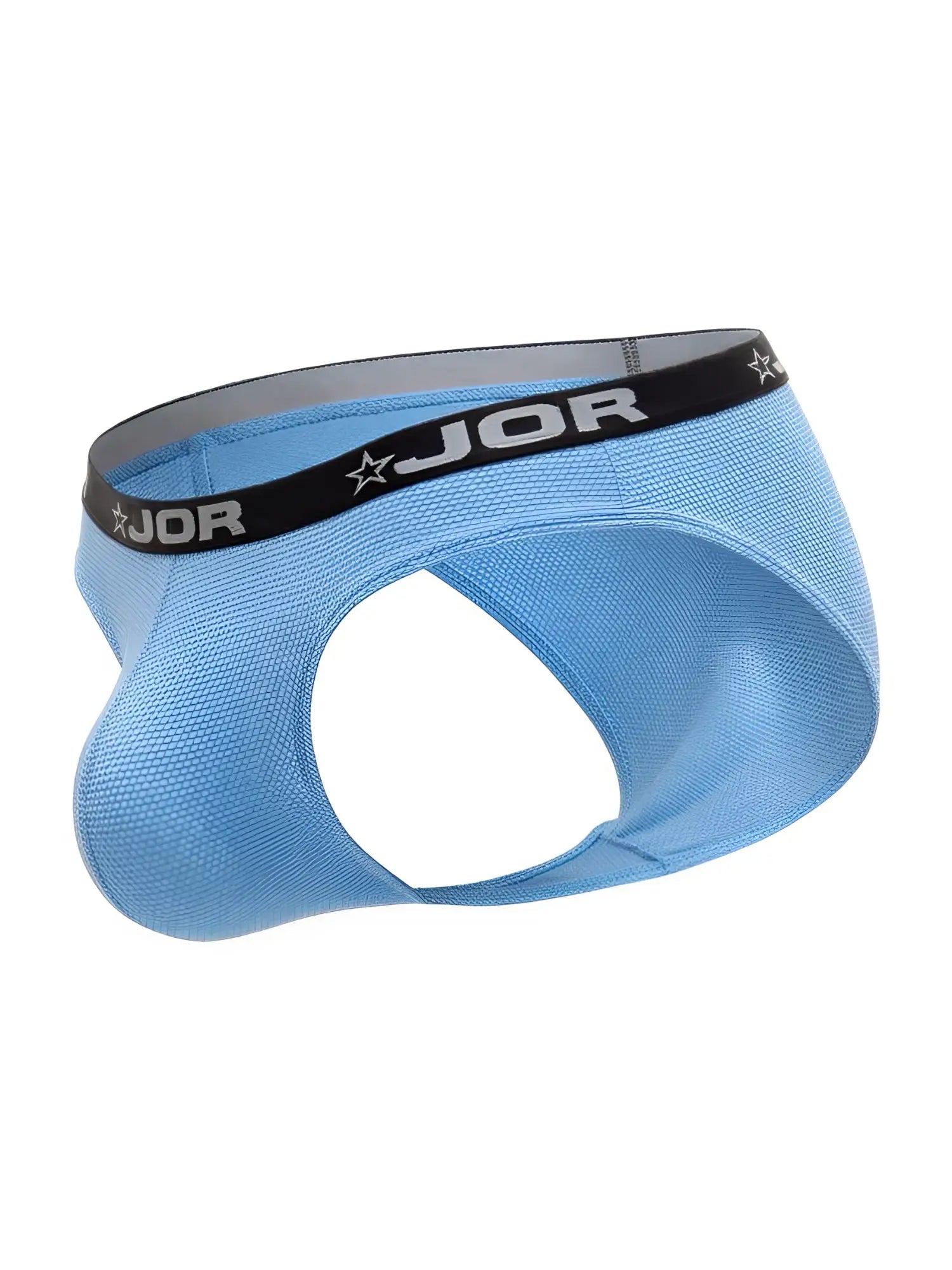 Light blue jor 2346 Cannes bikini briefs with black waistband featuring brand name and star logos
