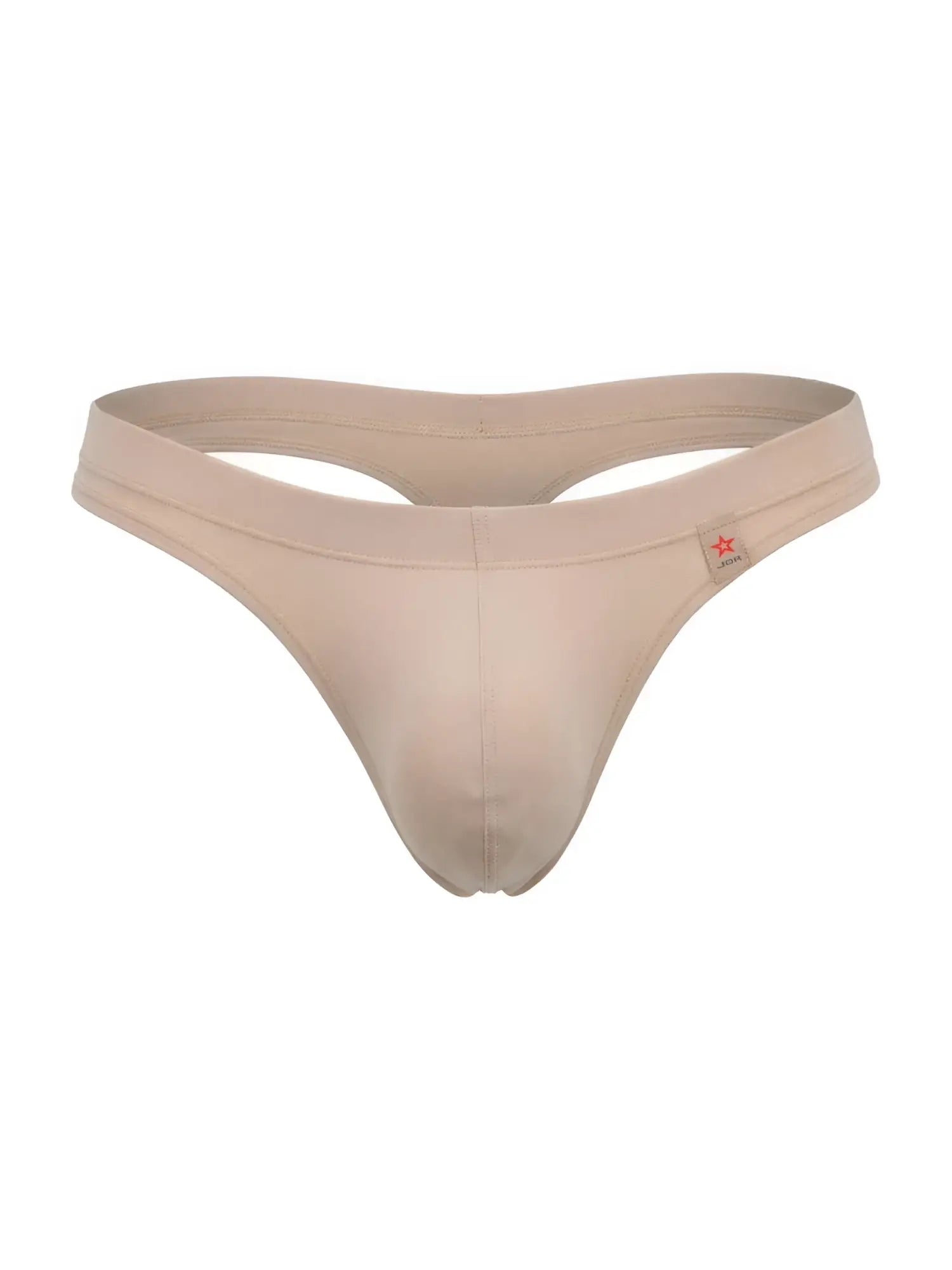 Beige jor 2349 invisible thong with smooth form-fitting fabric and a small red star logo on the side