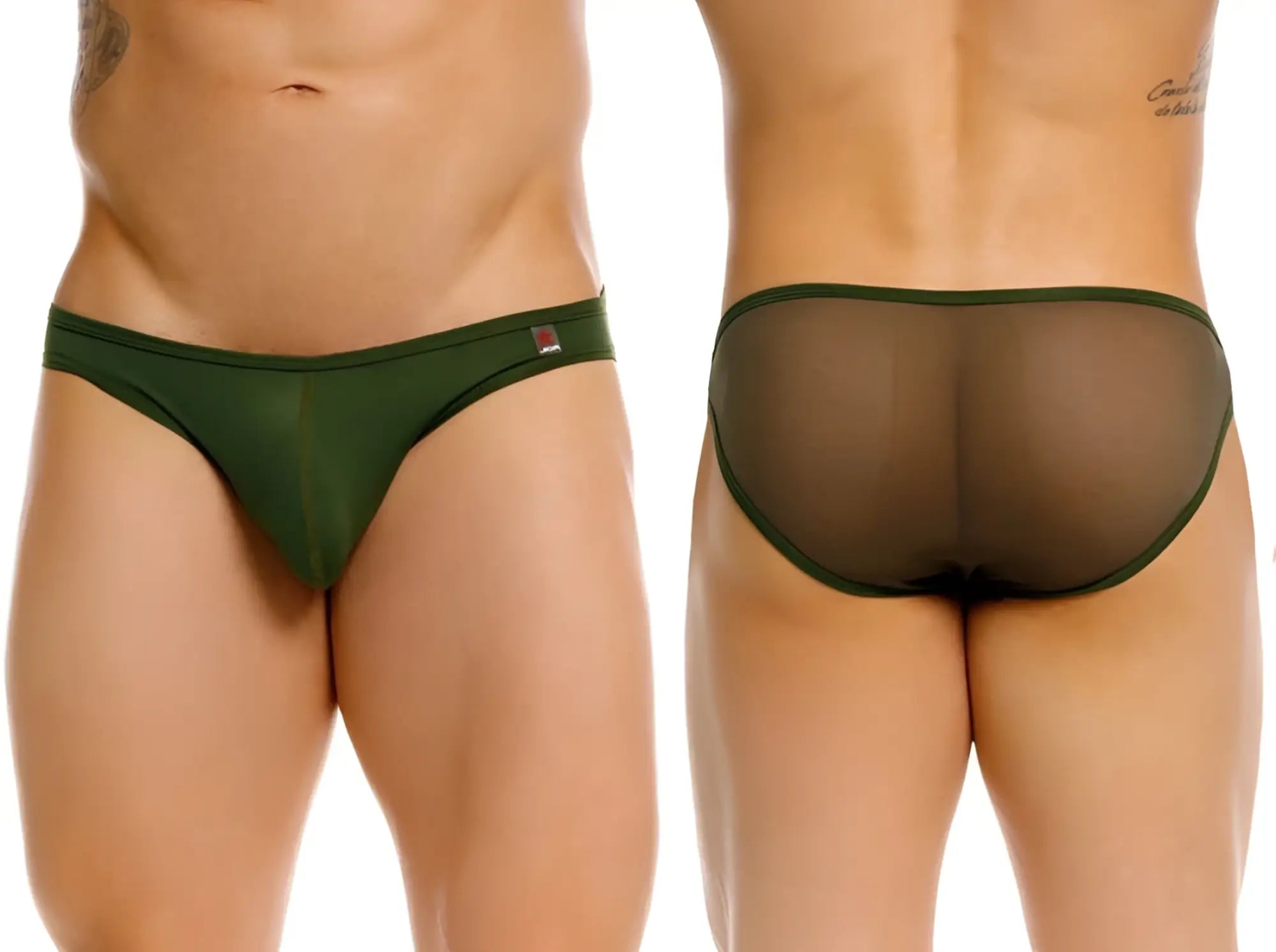Dark green sheer mesh jor 2353 origin bikini briefs with a solid fabric waistband front view
