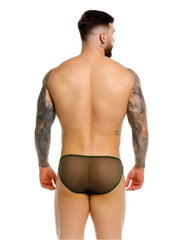Dark green sheer mesh JOR 2353 Origin bikini briefs with solid waistband, front view, lightweight and breathable design
