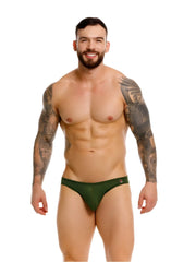 Dark green form-fitting jor 2353 origin bikini briefs with subtle brand logo on the side in stretchy fabric