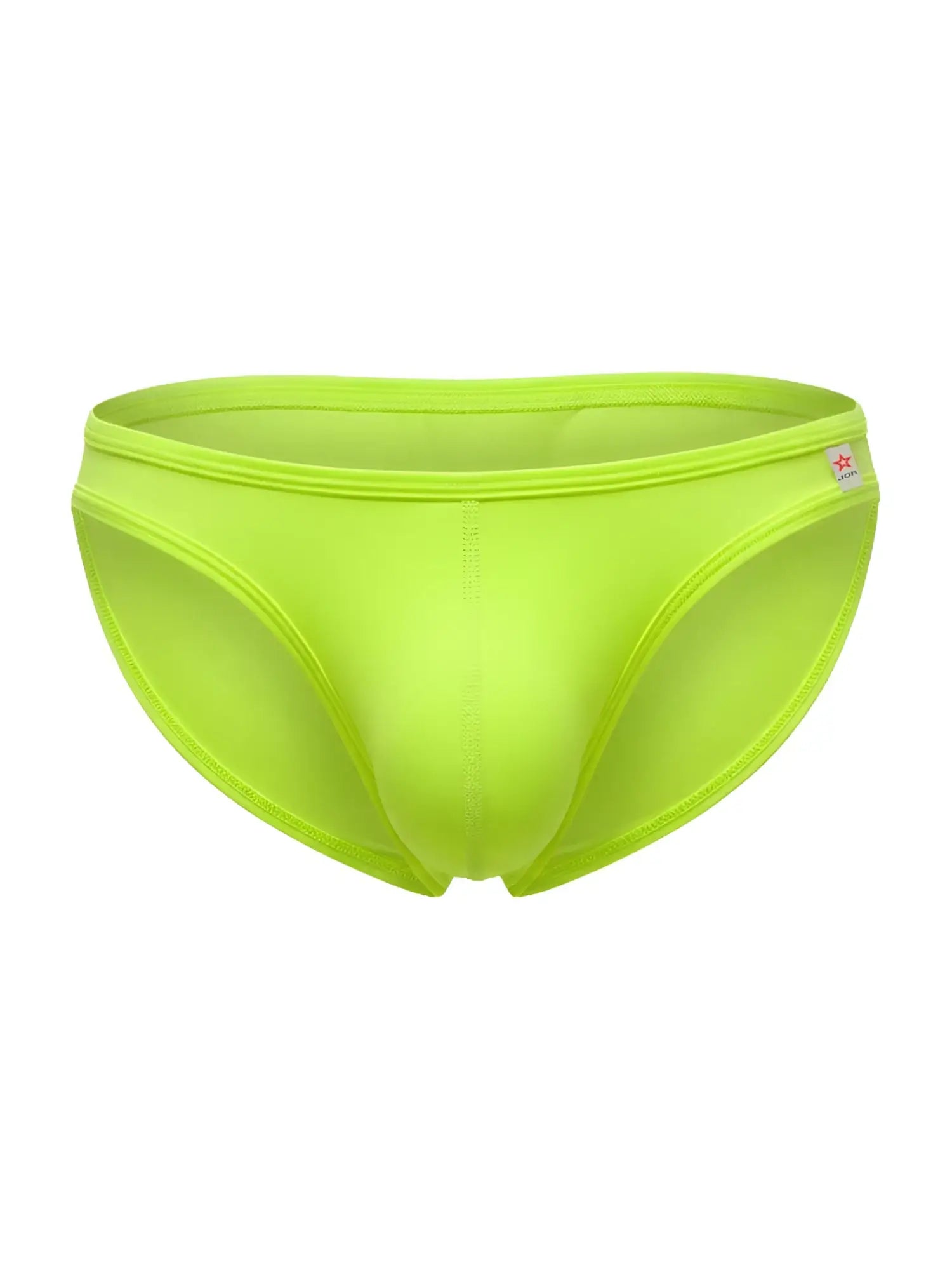 Bright lime green jor 2353 origin bikini swim trunks with smooth form-fitting fabric and red star logo on waistband
