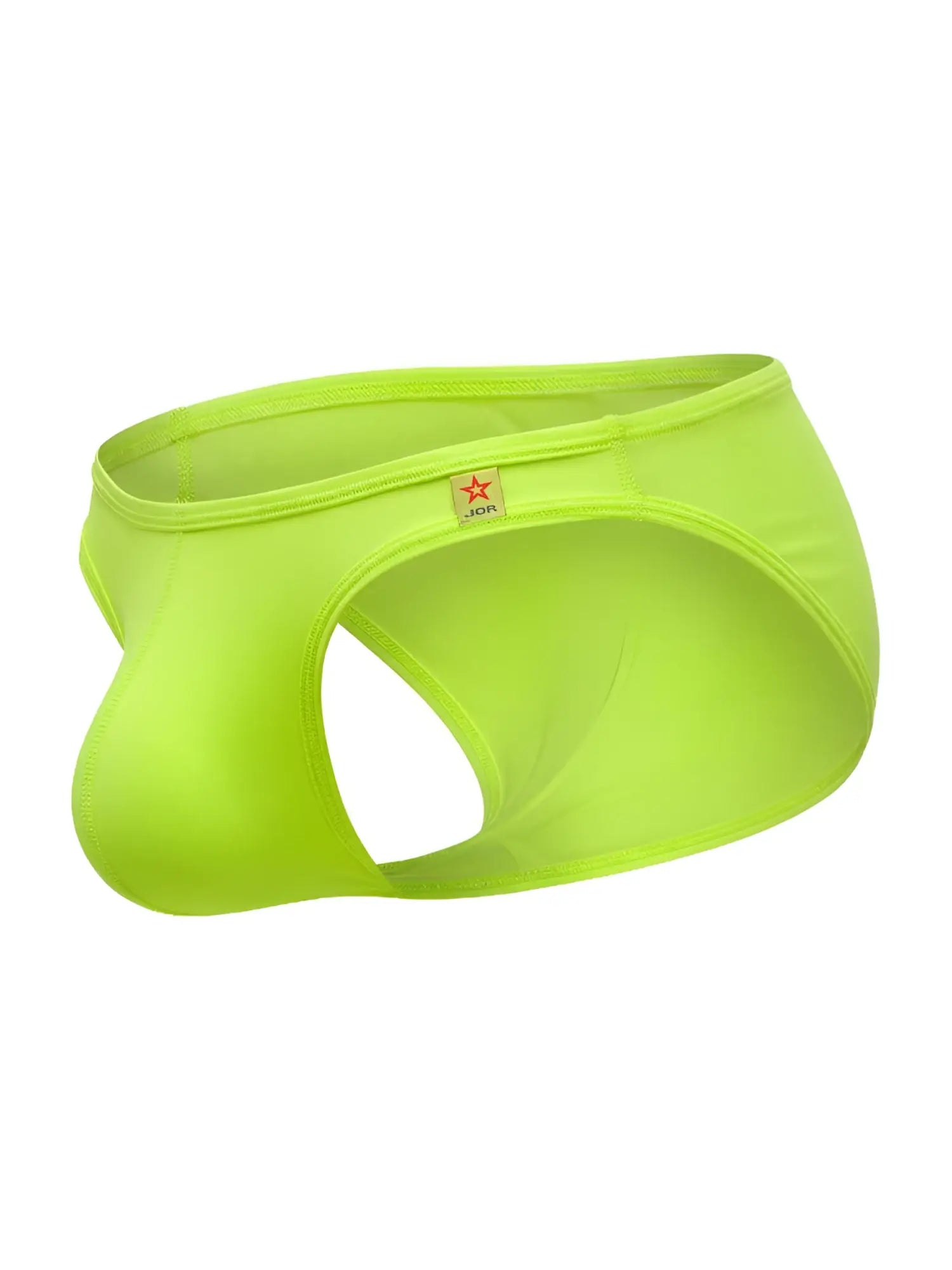 Bright neon green men’s origin bikini underwear with cutout design and small orange star logo on waistband by JOR