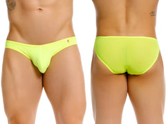 Bright neon green jor 2353 origin bikini briefs with small star logo on waistband in front view