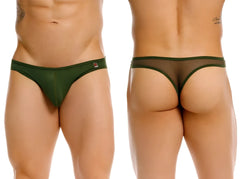Dark green sheer thong with solid fabric waistband and small red logo on the left side jor 2354 origin thongs