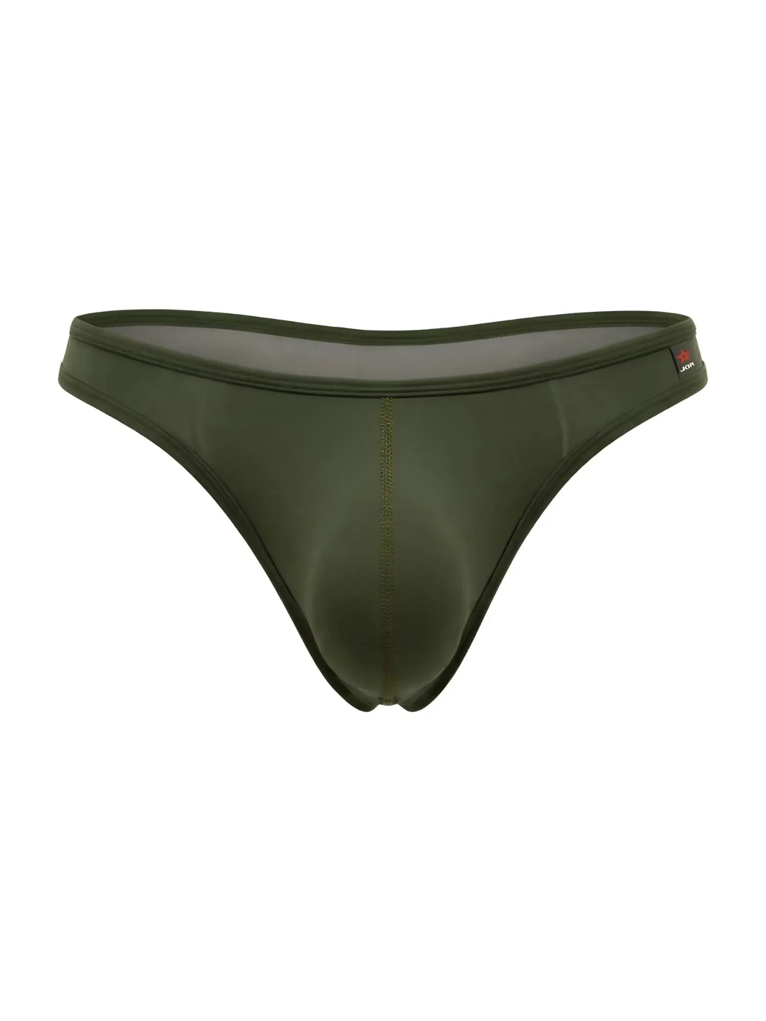 Olive green jor 2354 origin men’s thong with smooth stretchy fabric and subtle center seam detail front view