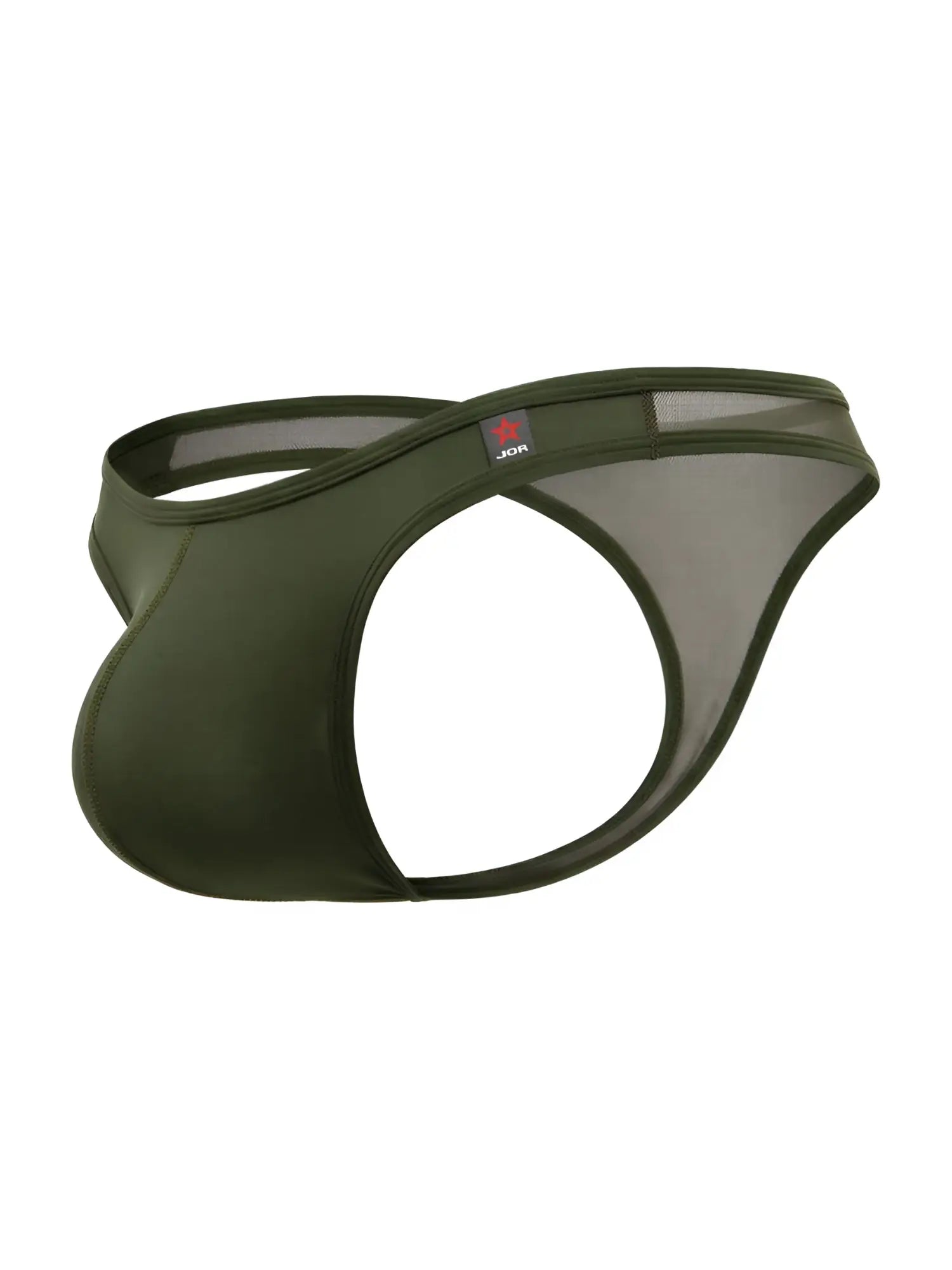 Olive green JOR 2354 Origin thong briefs made of mesh and satin with a red star logo on the waistband