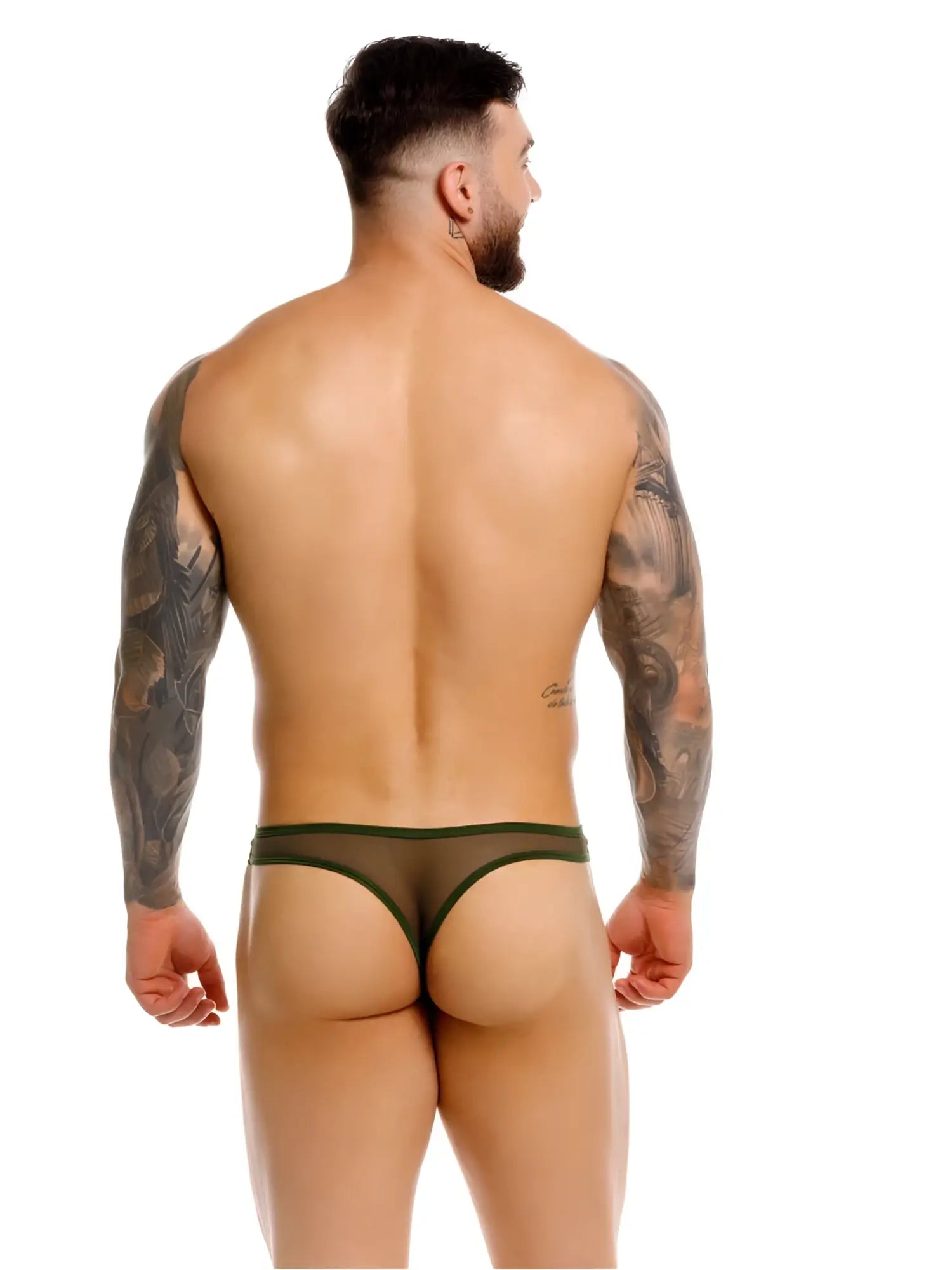 Olive green JOR 2354 Origin thong made of sheer mesh with a thin elastic waistband shown from the back side