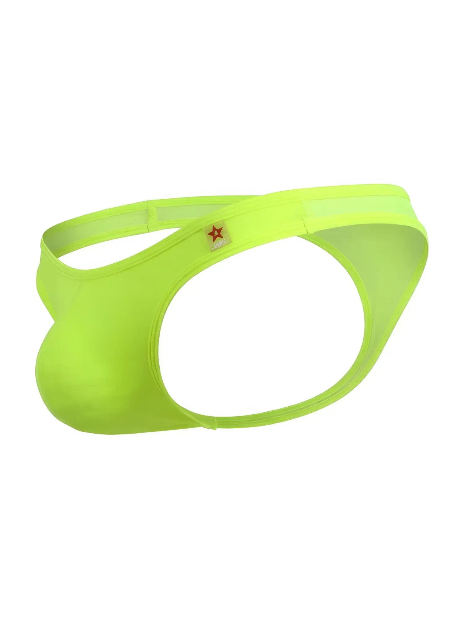 Bright neon green form-fitting jor 2354 origin men’s briefs with subtle red star logo on waistband