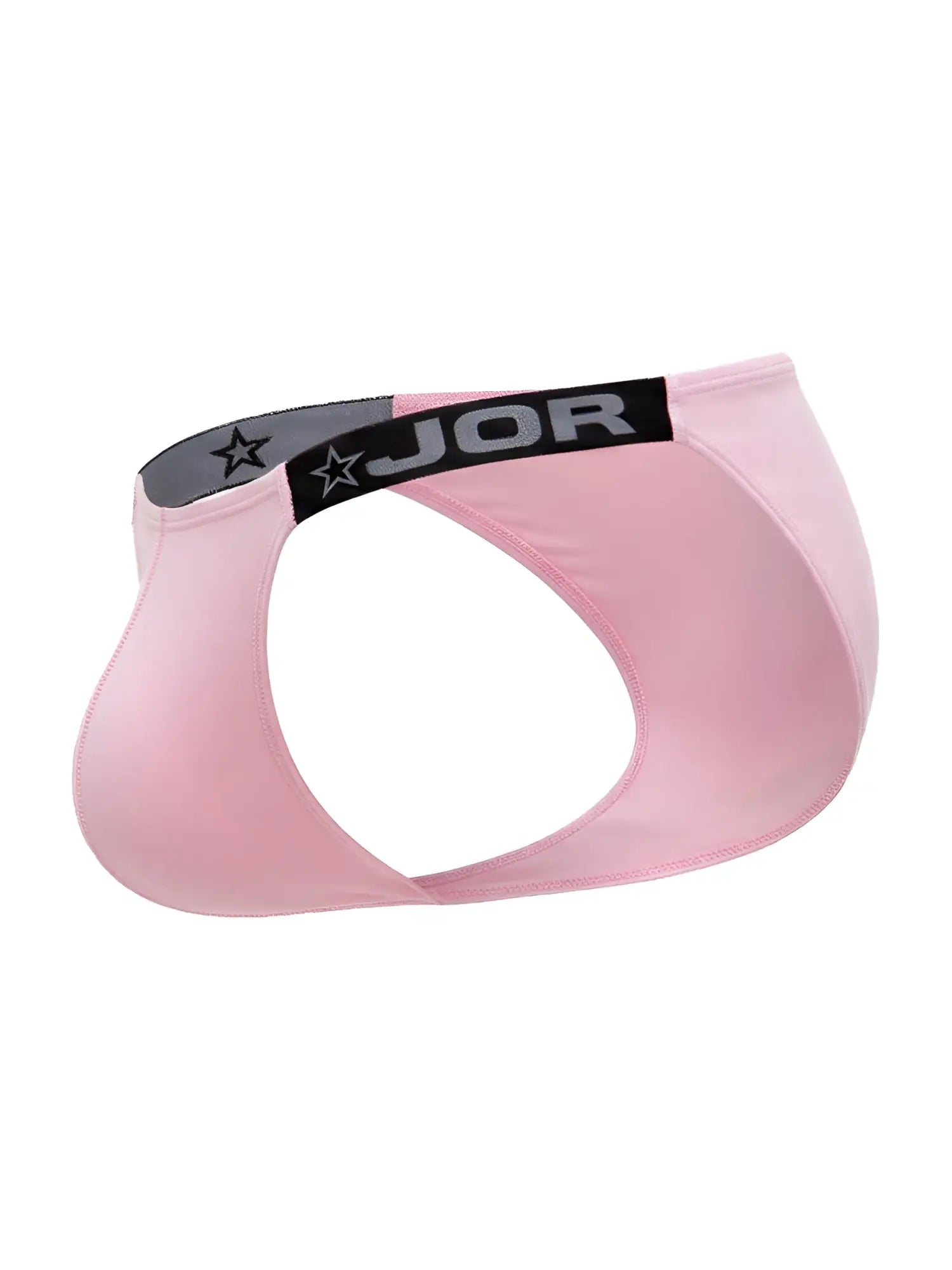 Pink jor 2355 eros bikini briefs with black and gray star logo waistband shown from the back side