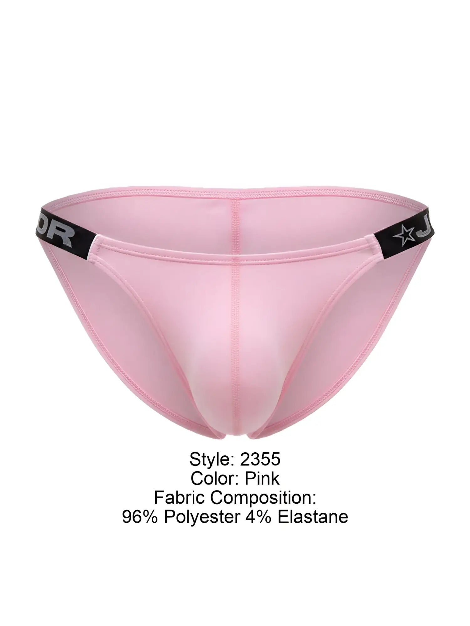 Pink jor 2355 eros bikini men’s briefs with black elastic waistband featuring star logo and brand lettering