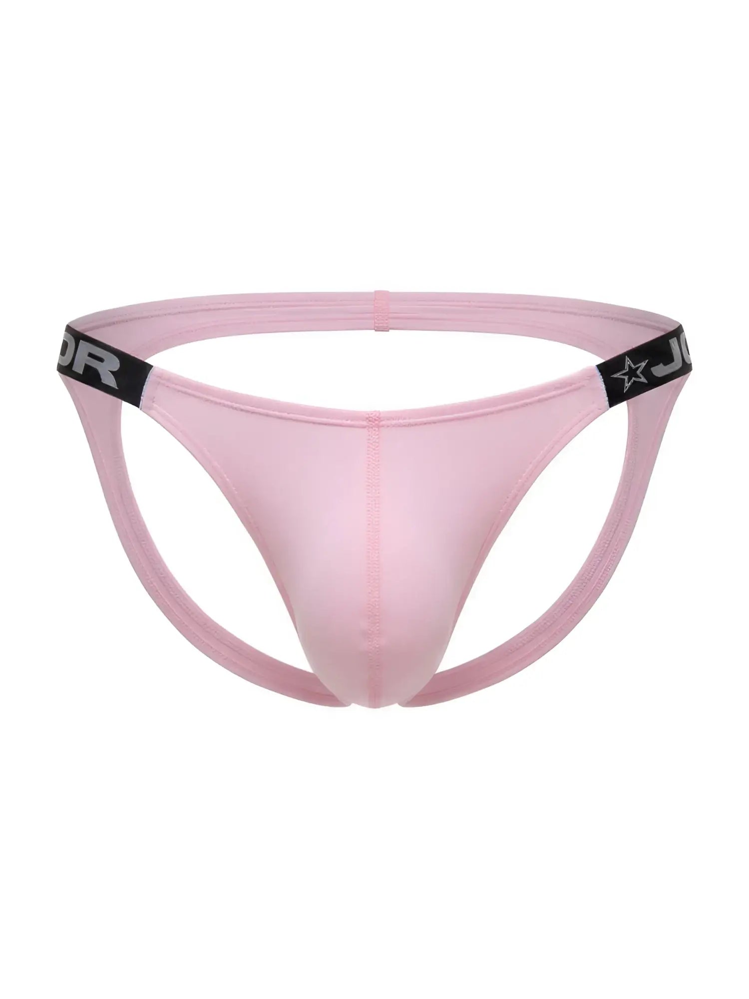 Pink jor 2356 eros men’s thong with black elastic waistband featuring star logo and partial brand lettering