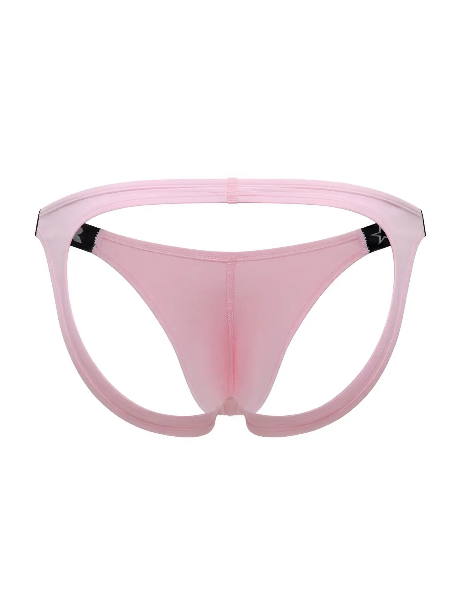 Jor 2356 eros jockstrap in pink sheer mesh thong with black star logo accents on side straps visible from the back