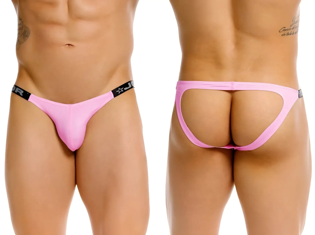 Pink jor 2356 eros jockstrap thong with black elastic waistband and star logo on front waistband