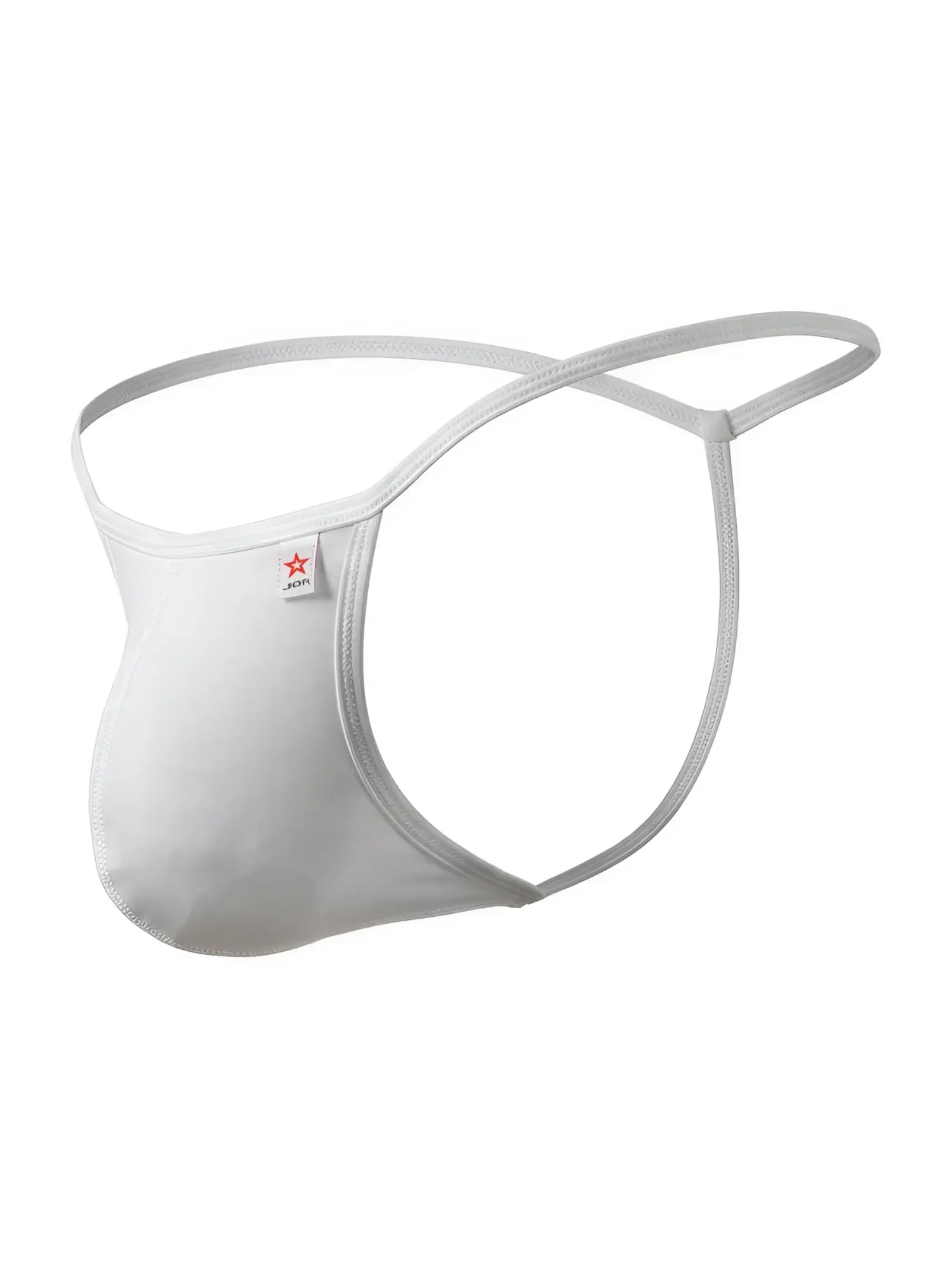 White form-fitting jor 2359 axel g-string thong with thin elastic straps and small red star logo tag