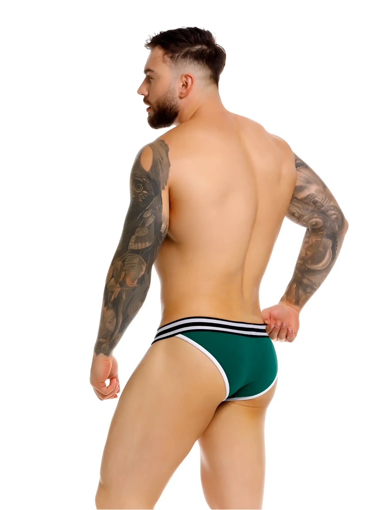 Green jor 2362 rush bikini briefs with white and black striped waistband made for athletic use