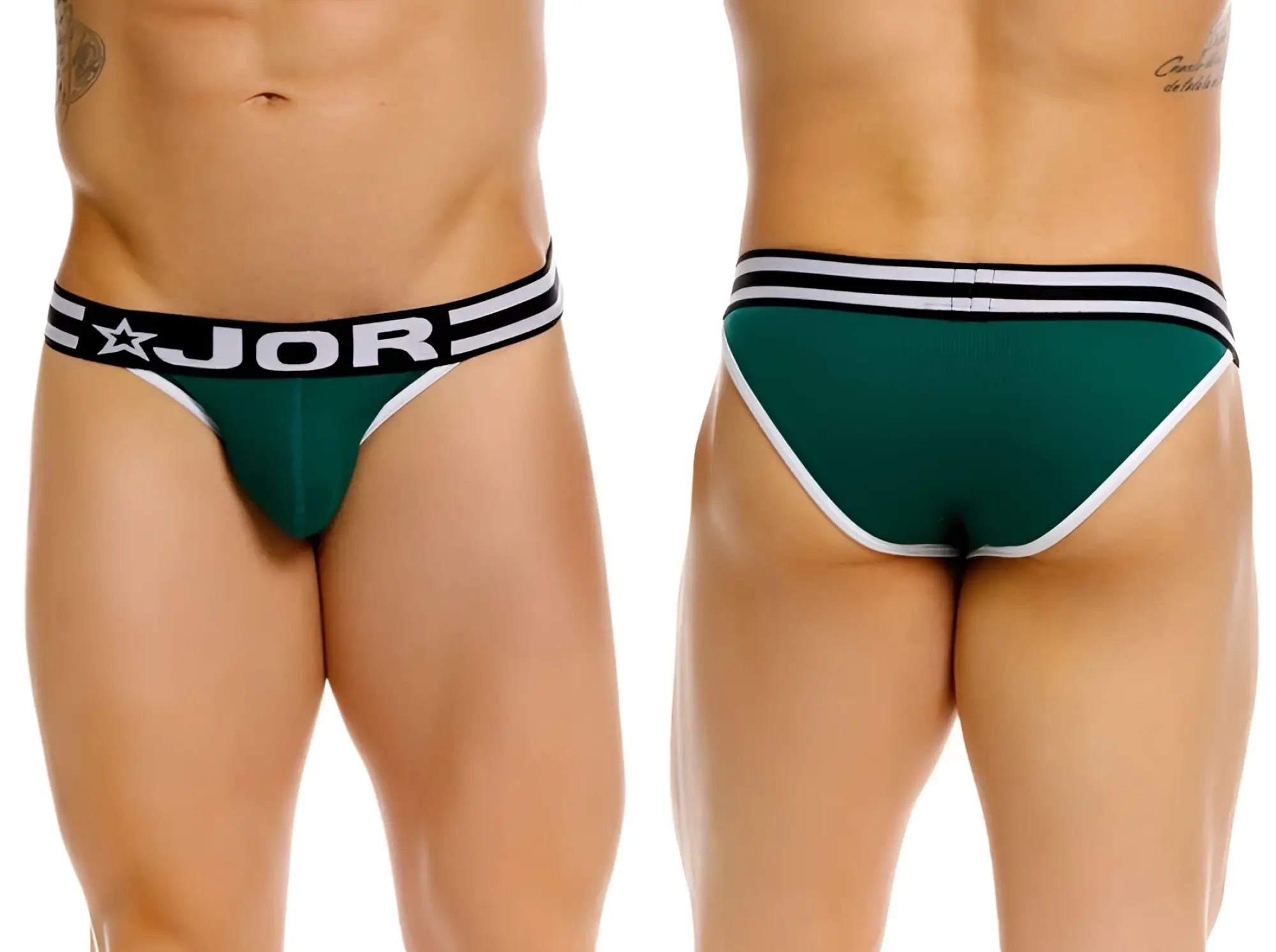 Green jor 2362 rush bikini briefs with black and white striped waistband and trim for comfortable daily wear