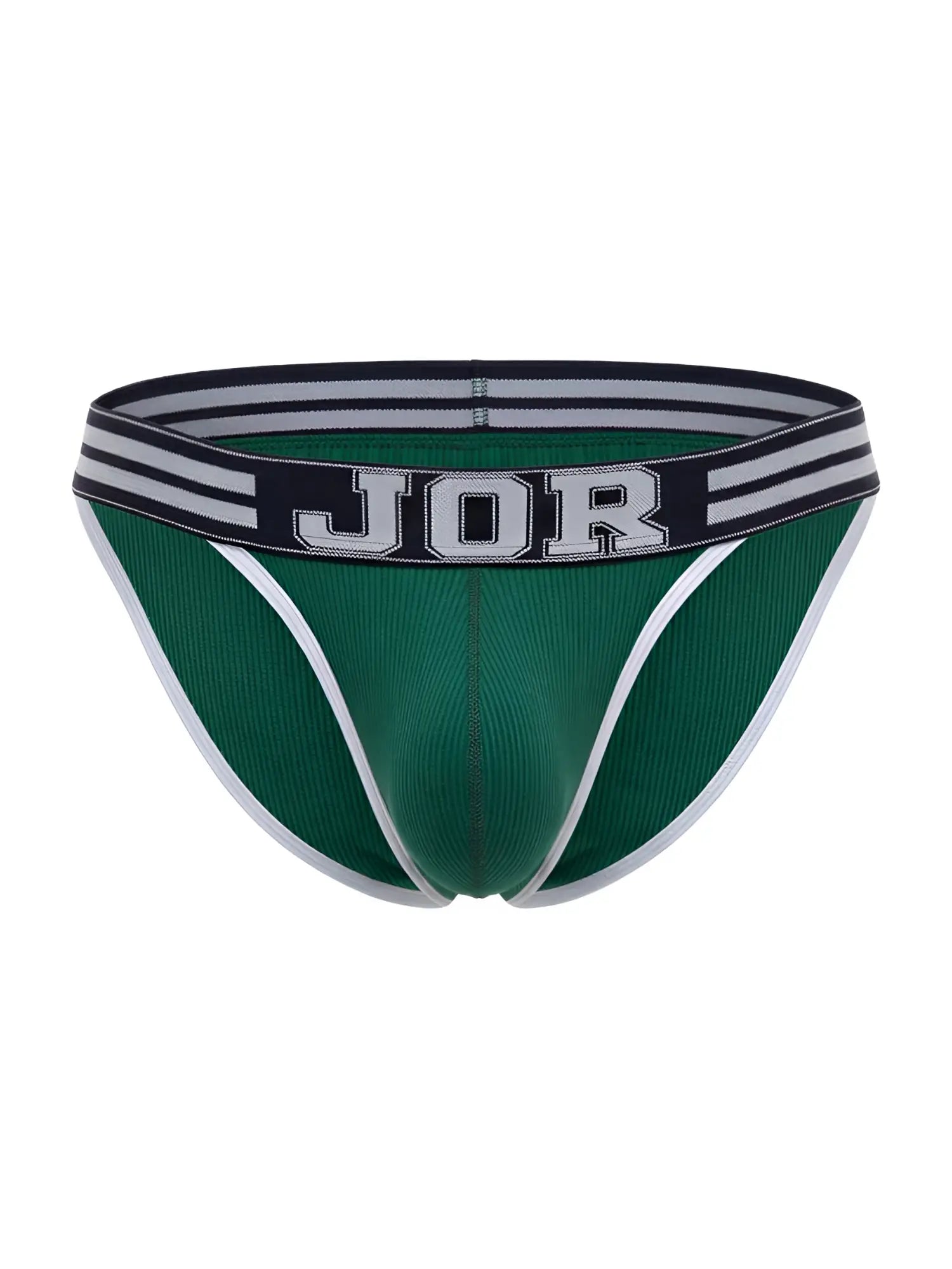 Green jor 2362 rush bikini briefs with white trim and a striped waistband for comfortable everyday wear