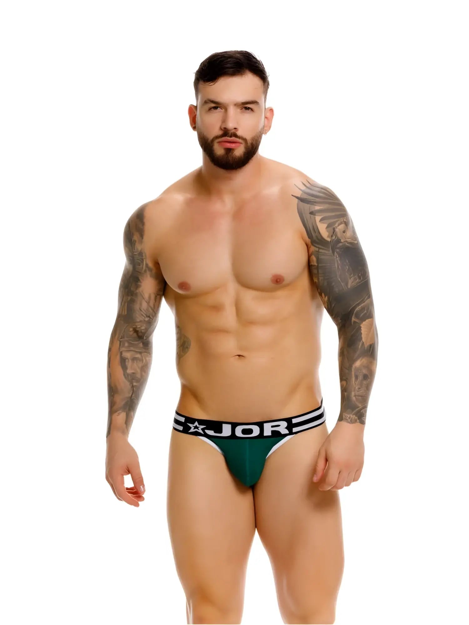 Dark green jor 2362 rush bikini briefs with black and white elastic waistband featuring the brand logo