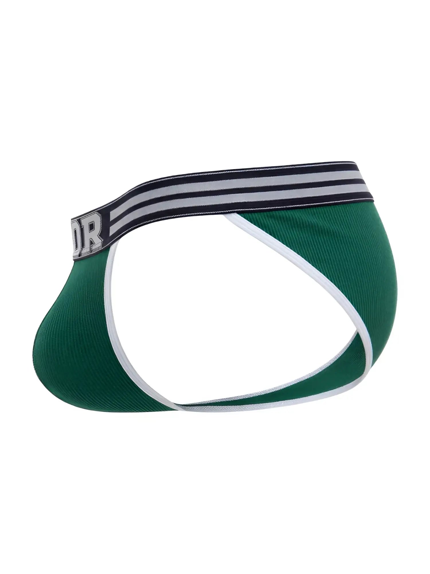 Green ribbed mens briefs with black and white striped waistband and or brand lettering jor 2362 rush bikini color green