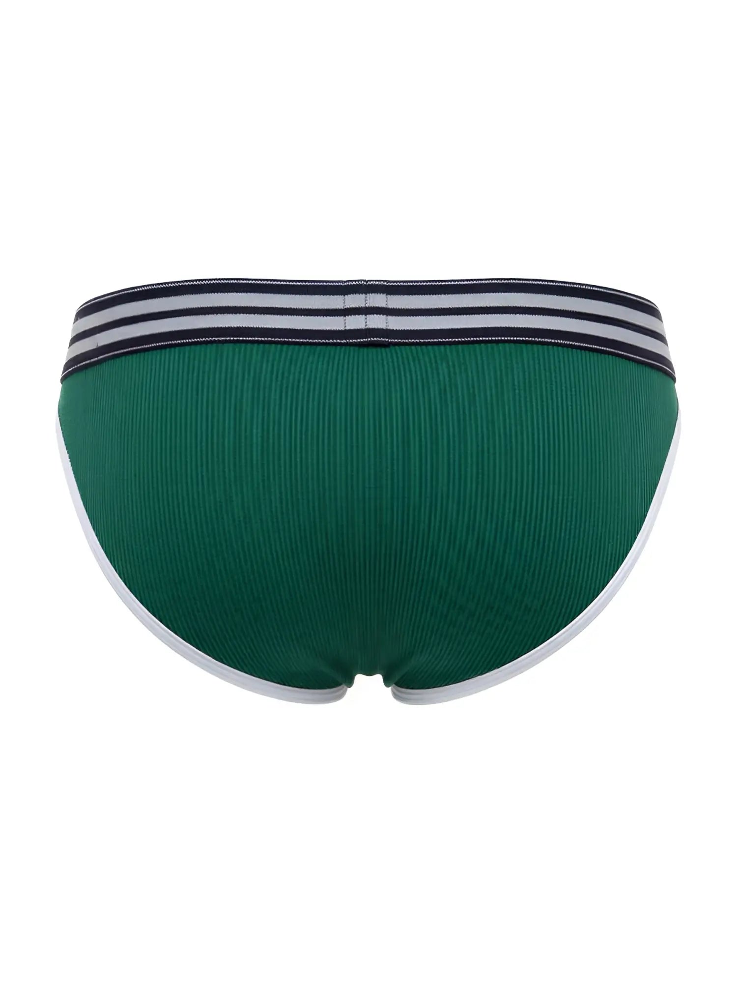 Green jor 2362 rush bikini briefs with ribbed fabric and a navy and white striped waistband front view