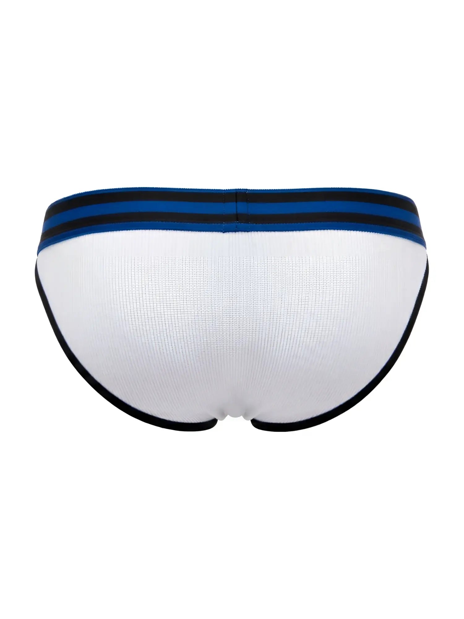 White jor 2362 rush bikini briefs with navy black striped waistband and black trim along leg openings