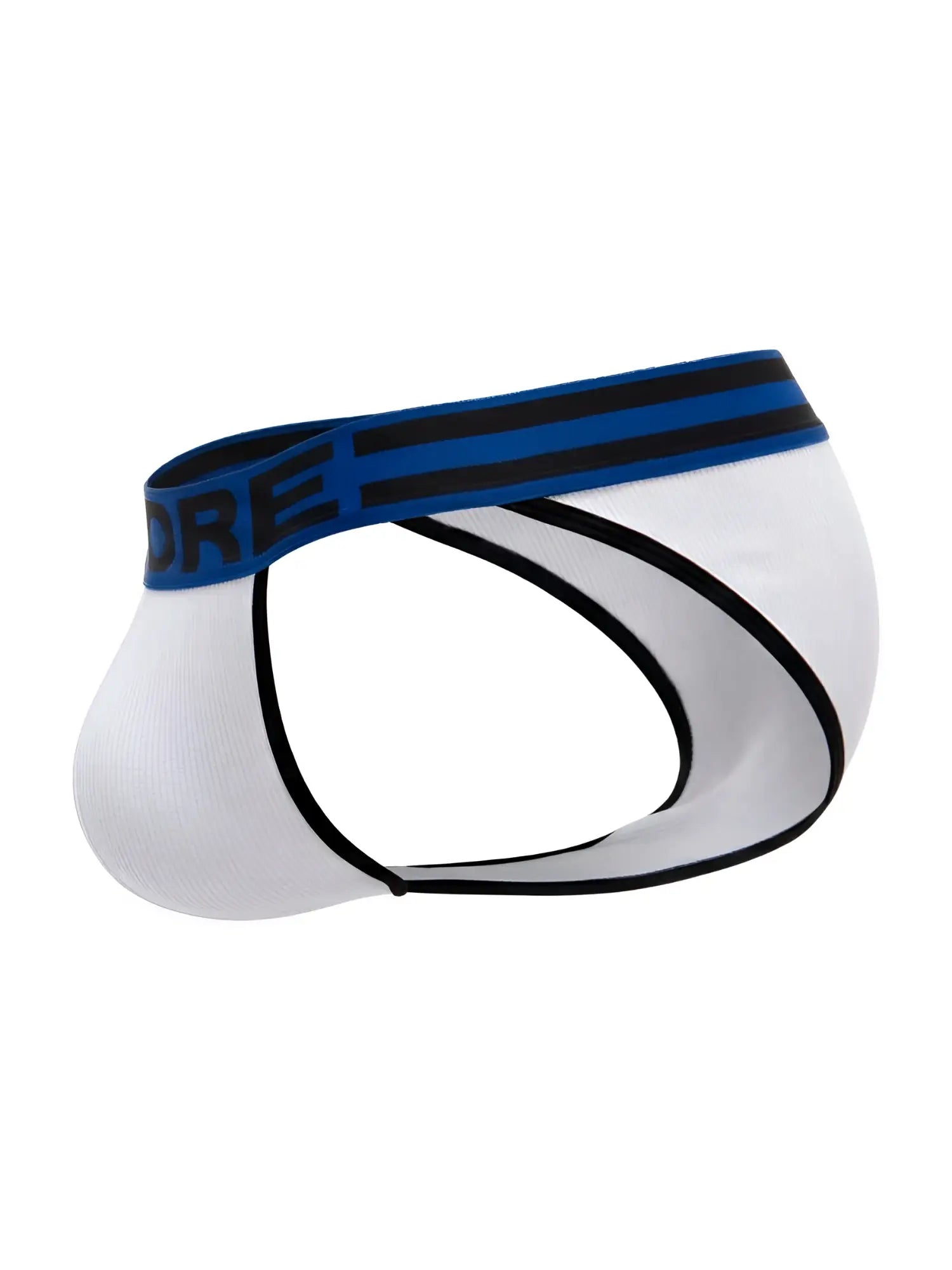 White jor 2362 rush bikini briefs with a blue waistband featuring black stripes and dre lettering