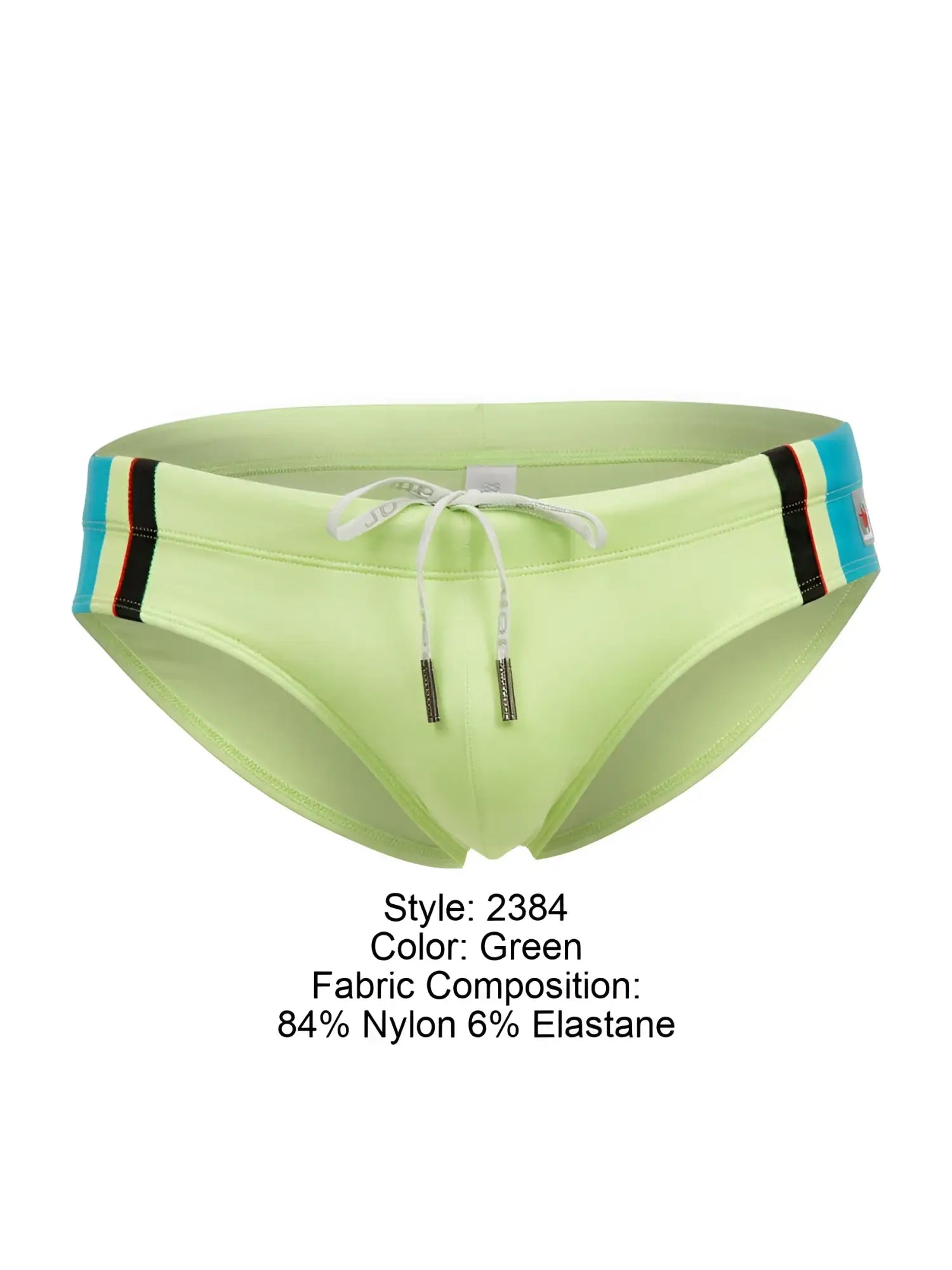 Jor 2384 wind swim briefs in lime green with a blue black and red striped waistband for active swim use