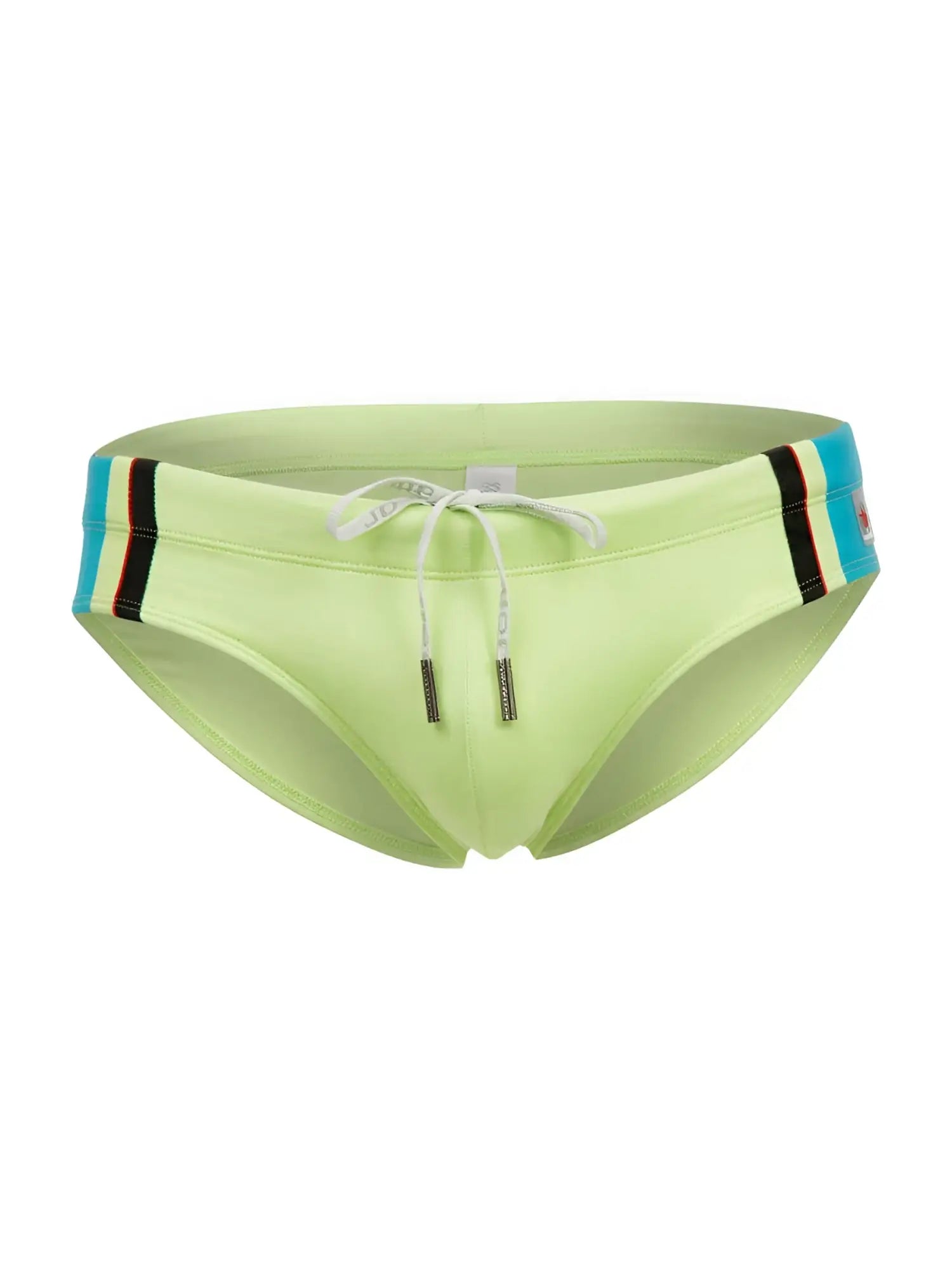 Jor 2384 wind swim briefs in lime green with a blue black and red striped waistband for swimming use