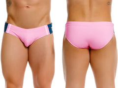 Pink jor 2384 wind swim briefs with navy blue side panels and white stripes designed for beach and pool use