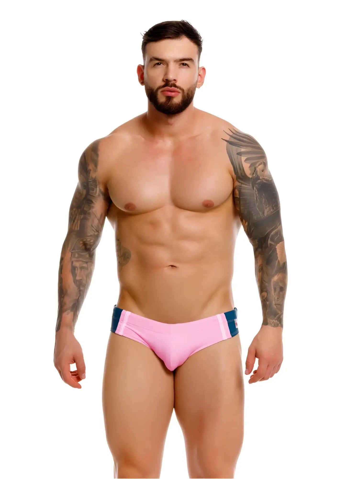 Pink jor 2384 wind swim briefs with navy blue side panels designed for comfortable swimming and beachwear