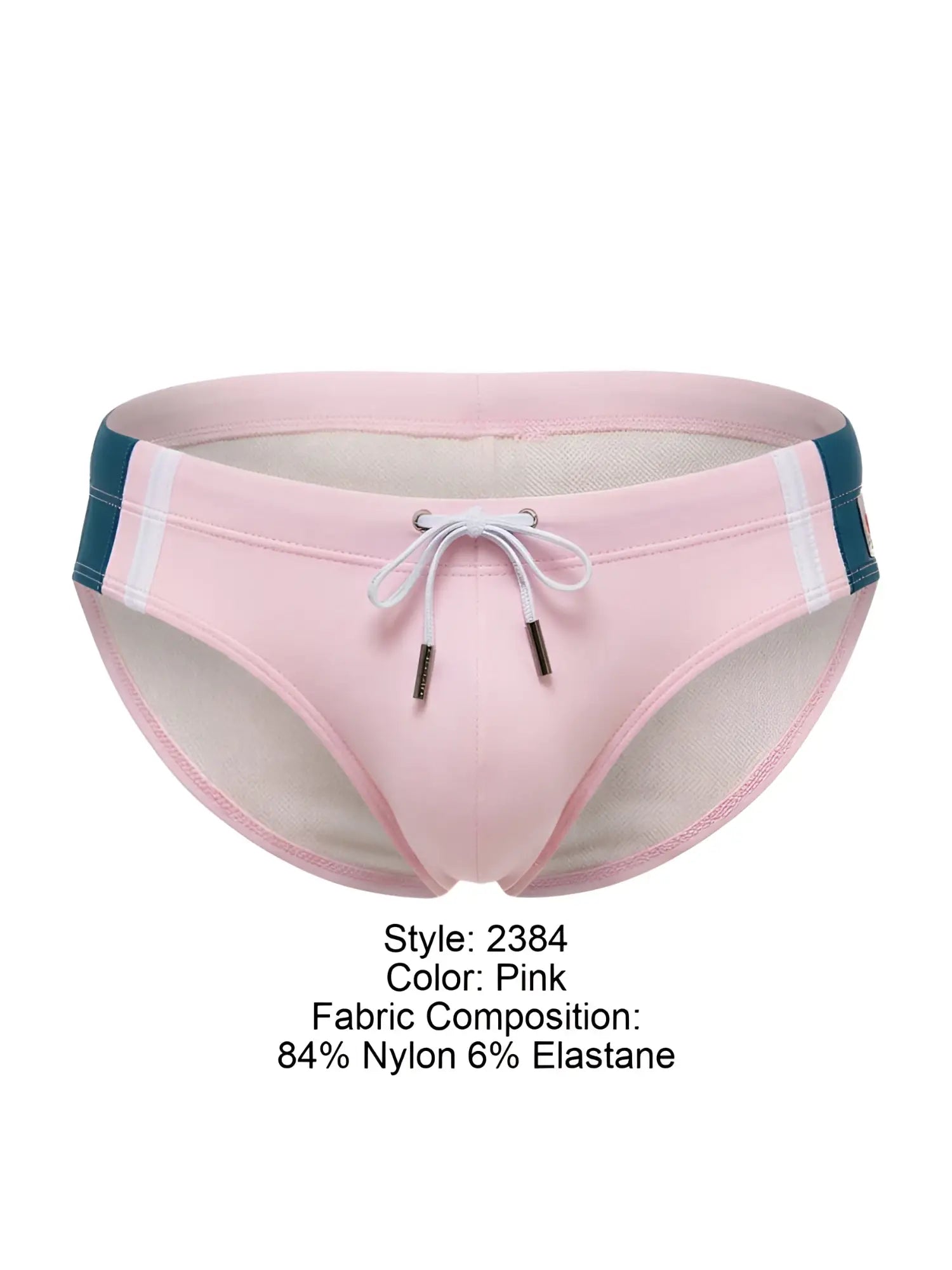 Pink jor 2384 wind swim briefs with teal and white side stripes and drawstring closure for beachwear
