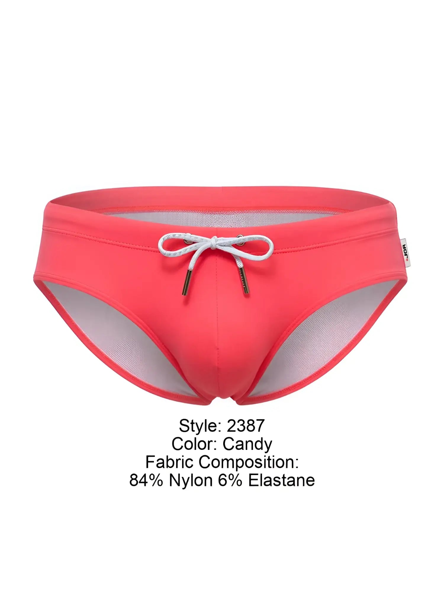 Candy-colored JOR 2387 travel swim briefs with a white drawstring and breathable mesh lining for comfortable wear