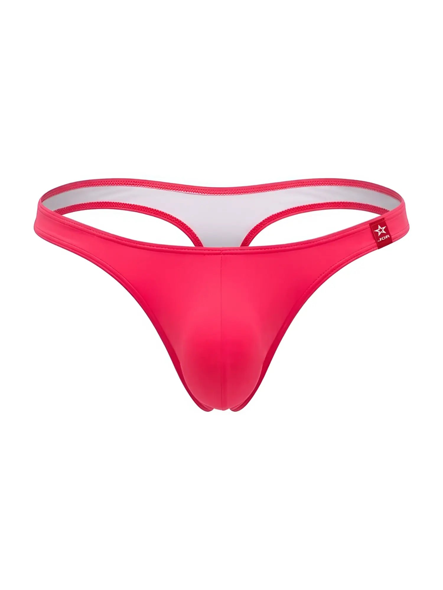Bright pink jor 2389 travel swim thong with white inner lining and red brand tag suitable for travel swimwear
