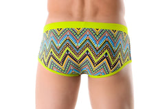 Jor africa brief swimwear size l with bright neon green waistband and multicolored geometric zigzag patterns