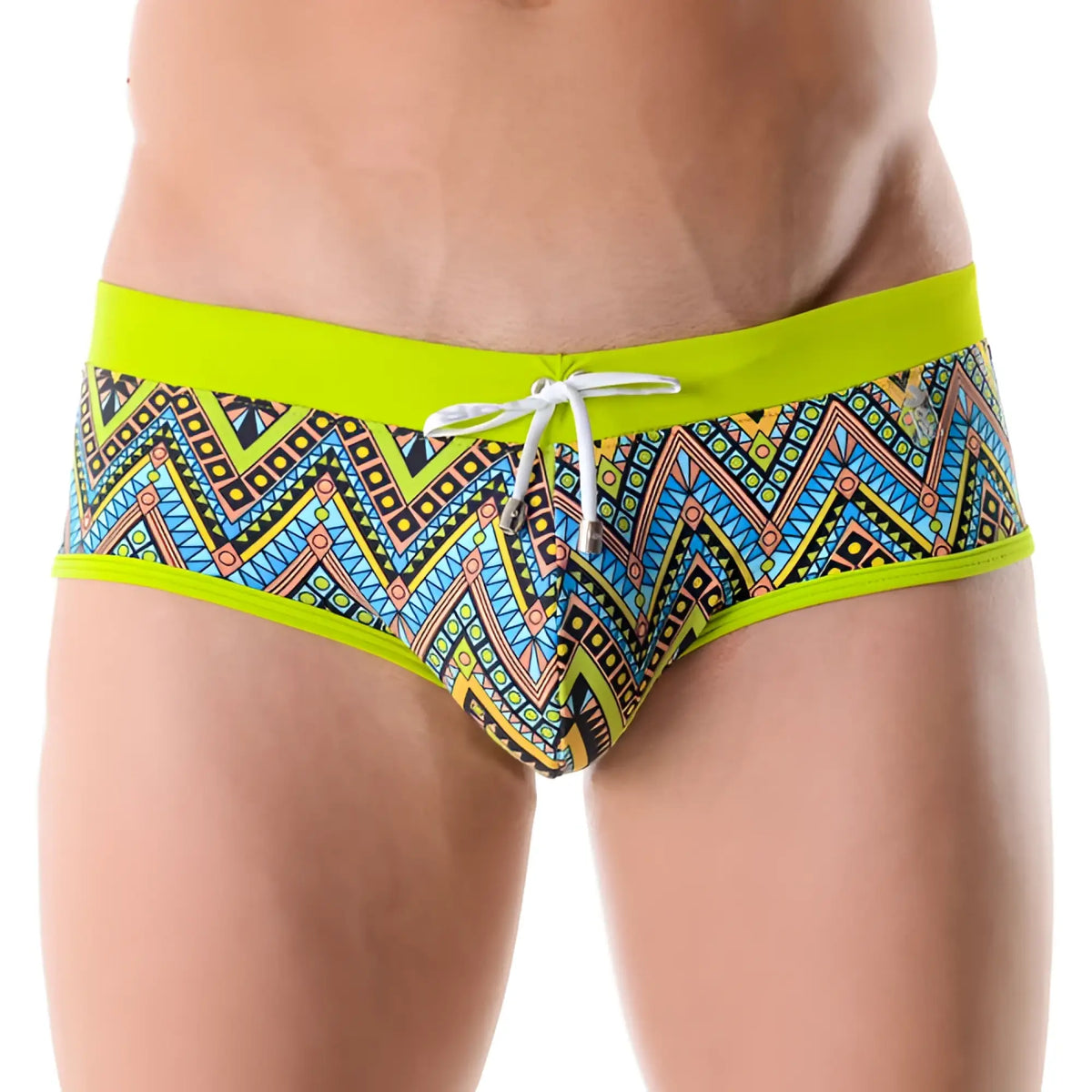 Jor AFRICA brief swimwear size L with vibrant neon green trim and bold multicolored geometric tribal patterns