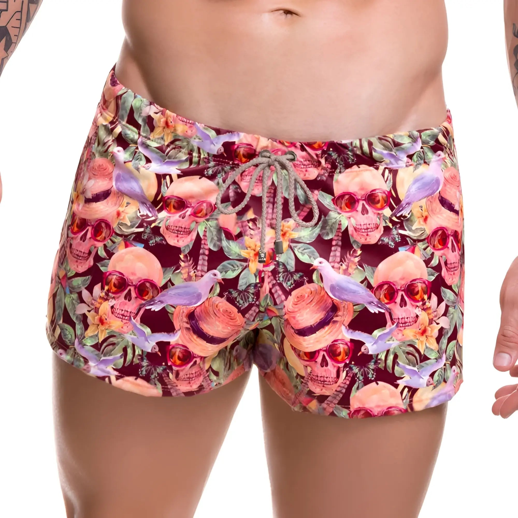 Jor arrecife mojito mini shorts swimwear size m vibrant pink maroon skull pattern with tropical flowers and purple birds