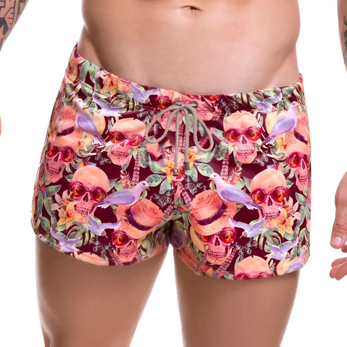 Jor arrecife mojito mini shorts swimwear size m vibrant pink maroon skull pattern with tropical flowers and purple birds