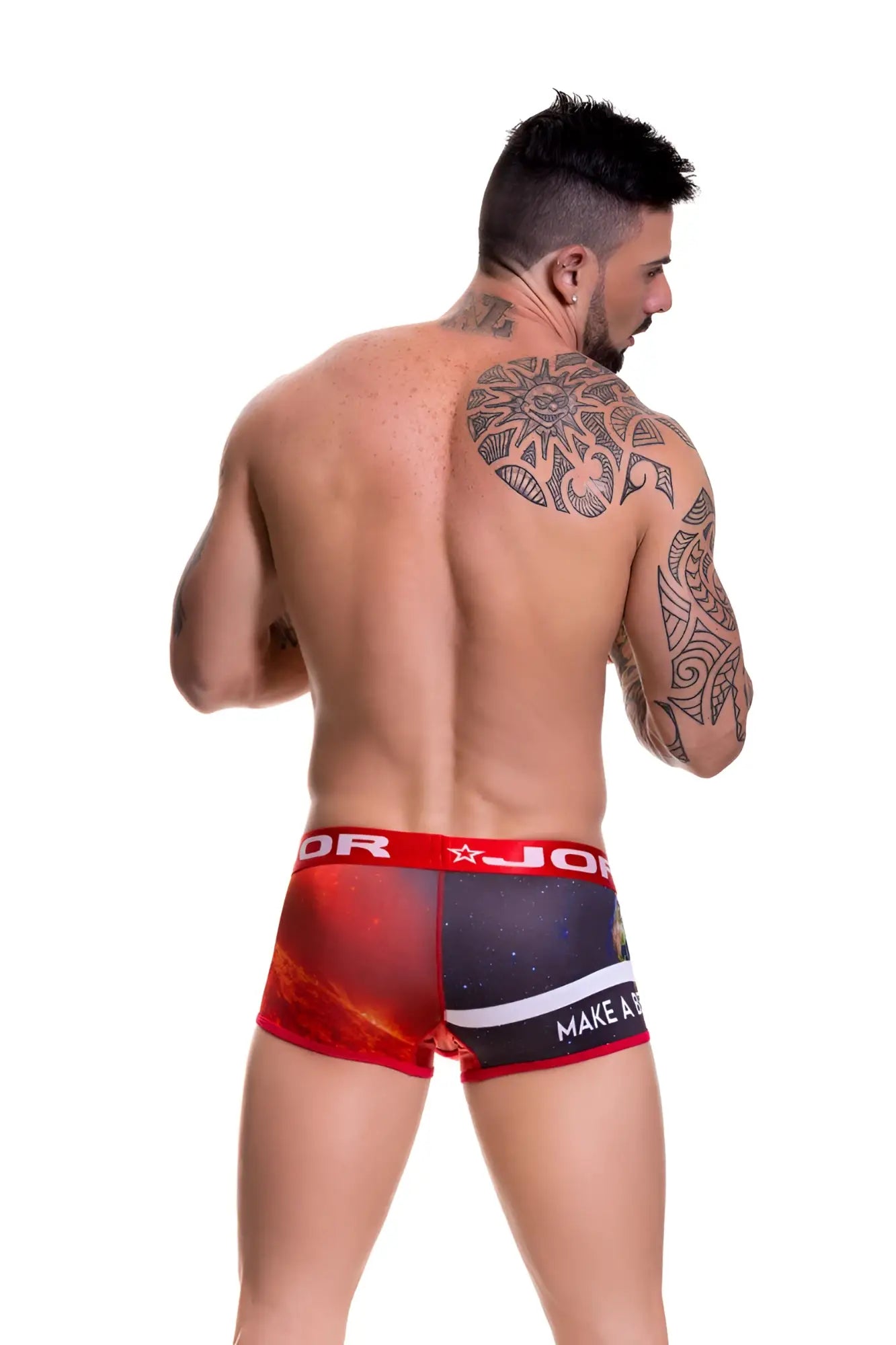 Jor BELIEVE boxer underwear 0473 size S in red and black galaxy design with white stripe and make a text on side