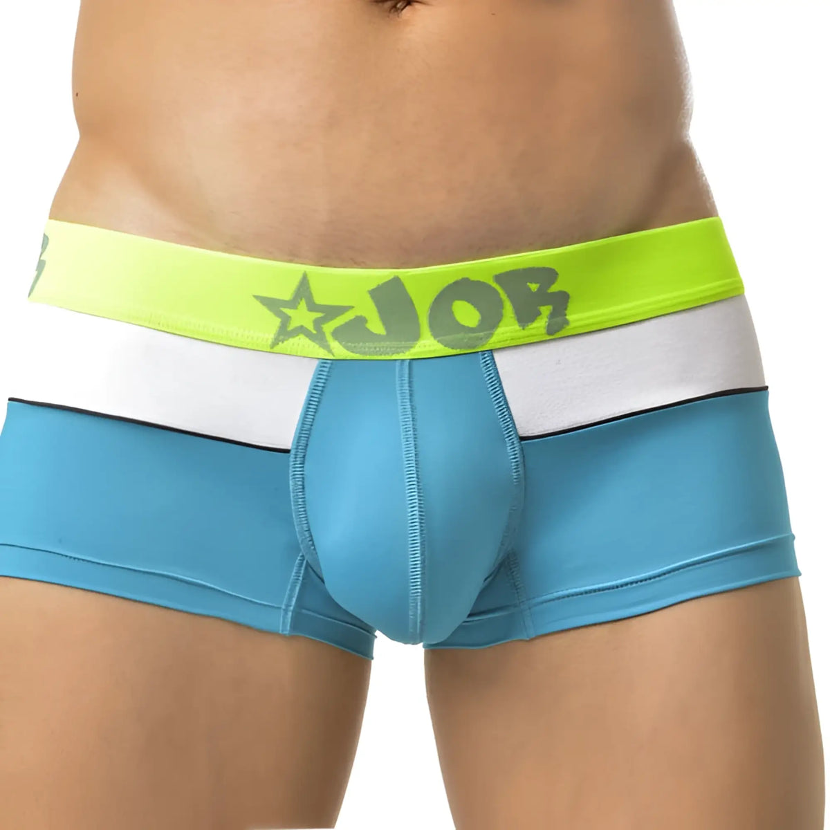 Jor border boxer underwear in turquoise size m with bright neon green waistband gray star job logo and light blue stretch fabric